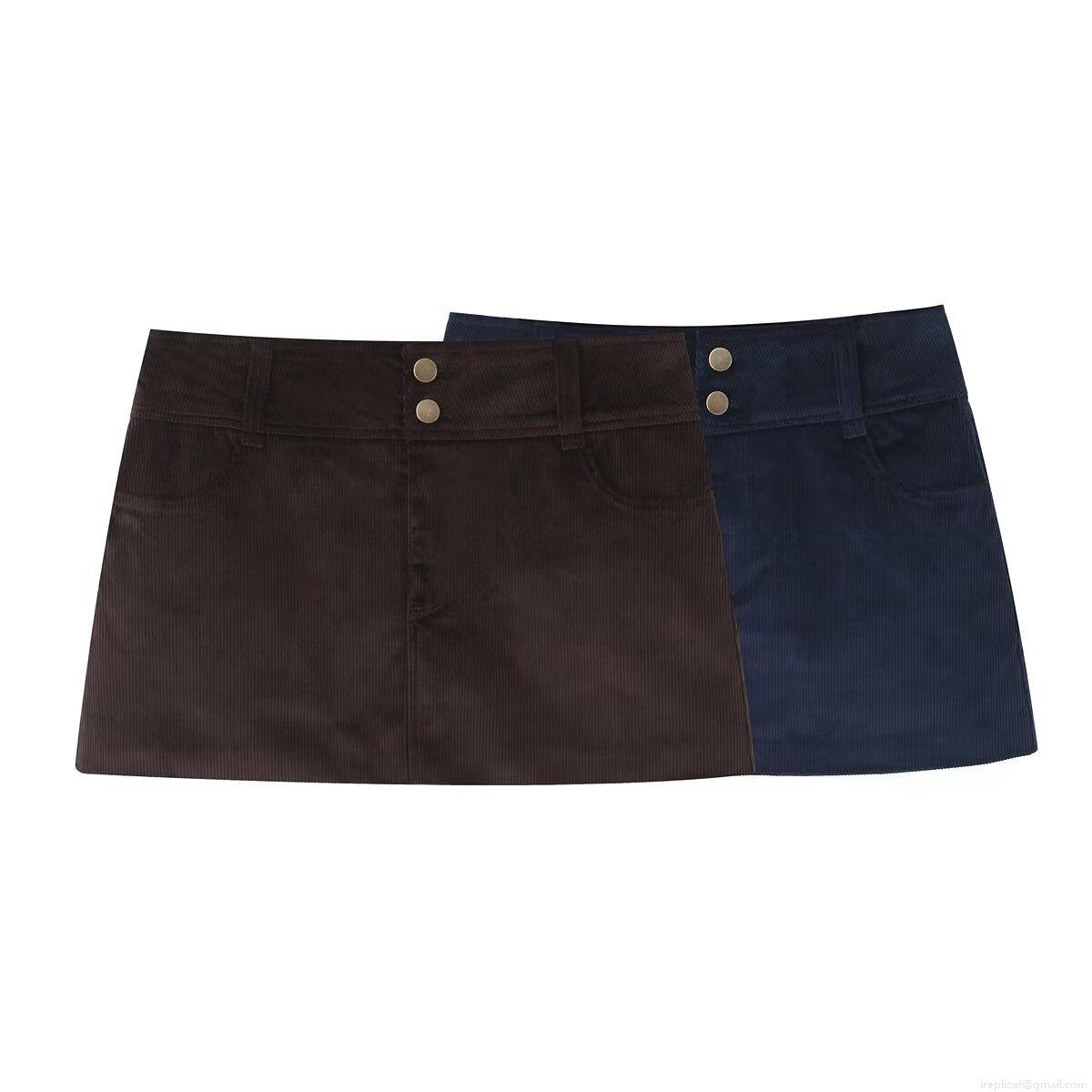 Women's Casual Corduroy Mini Skirt Low Waist Double Metal Button Solid Color Hip Hugging Short Skirt Fashion Streetwear Bottoms