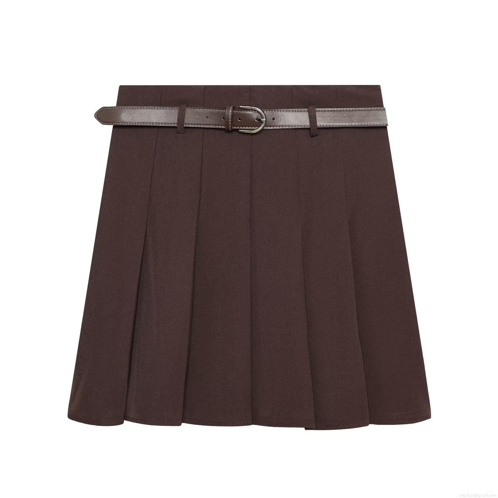 Women's Pleated Mini Skirt With Belt High Waisted Polyester Solid Color Western Streetwear Casual Short Skirt For Summer Daily Party Women