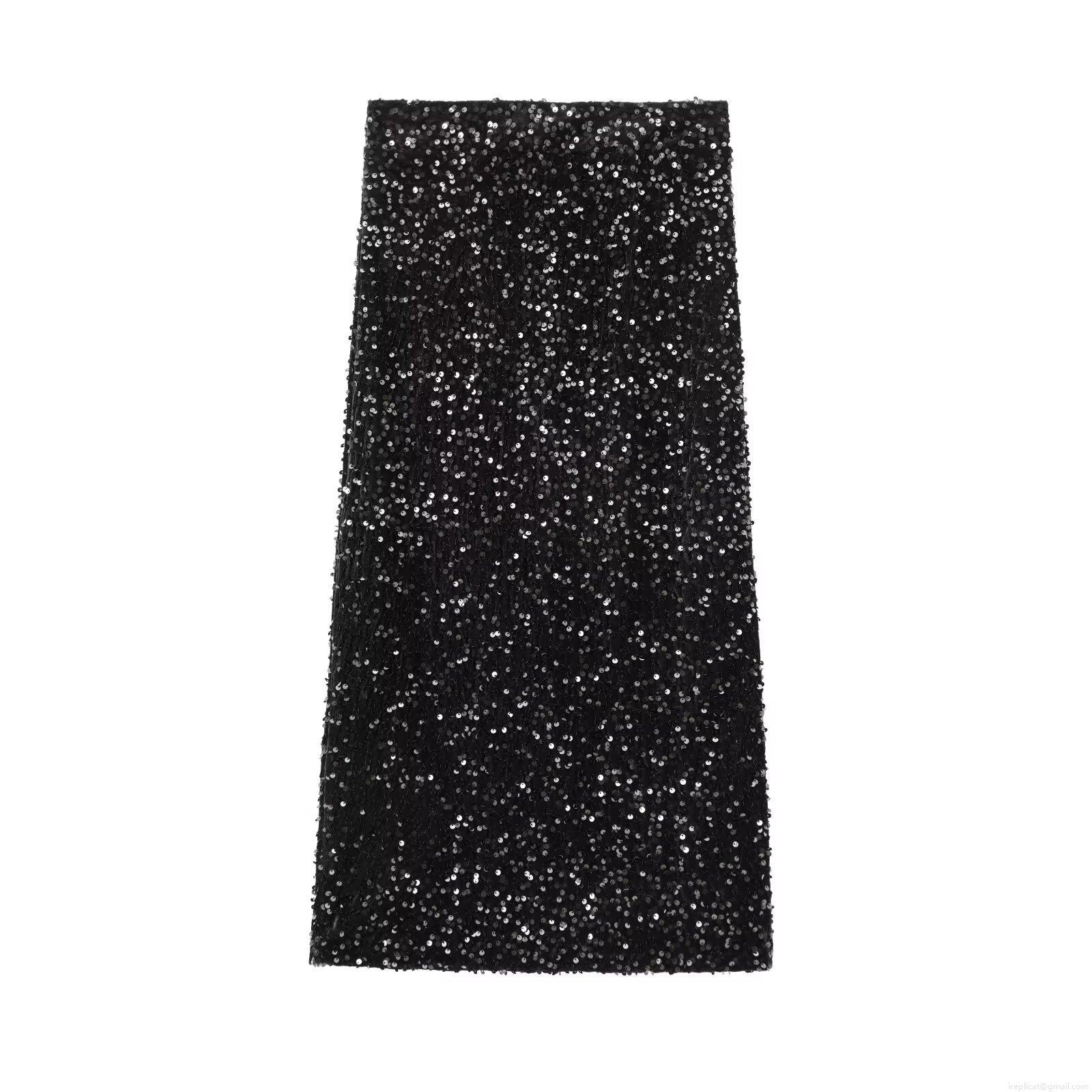 Women's High Waist Sequin Velvet Maxi Skirt Elegant Back Slit Straight Long Skirt For Party Evening Banquet Winter Fashion Street Style Black Skirts