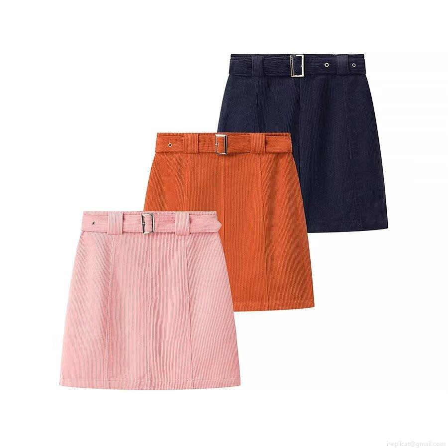 Women's Corduroy Mini Skirt With Belt Solid Color High Waist Bodycon A-Line Short Skirt For Autumn Winter Streetwear Party Dating Pink Orange Navy Blue