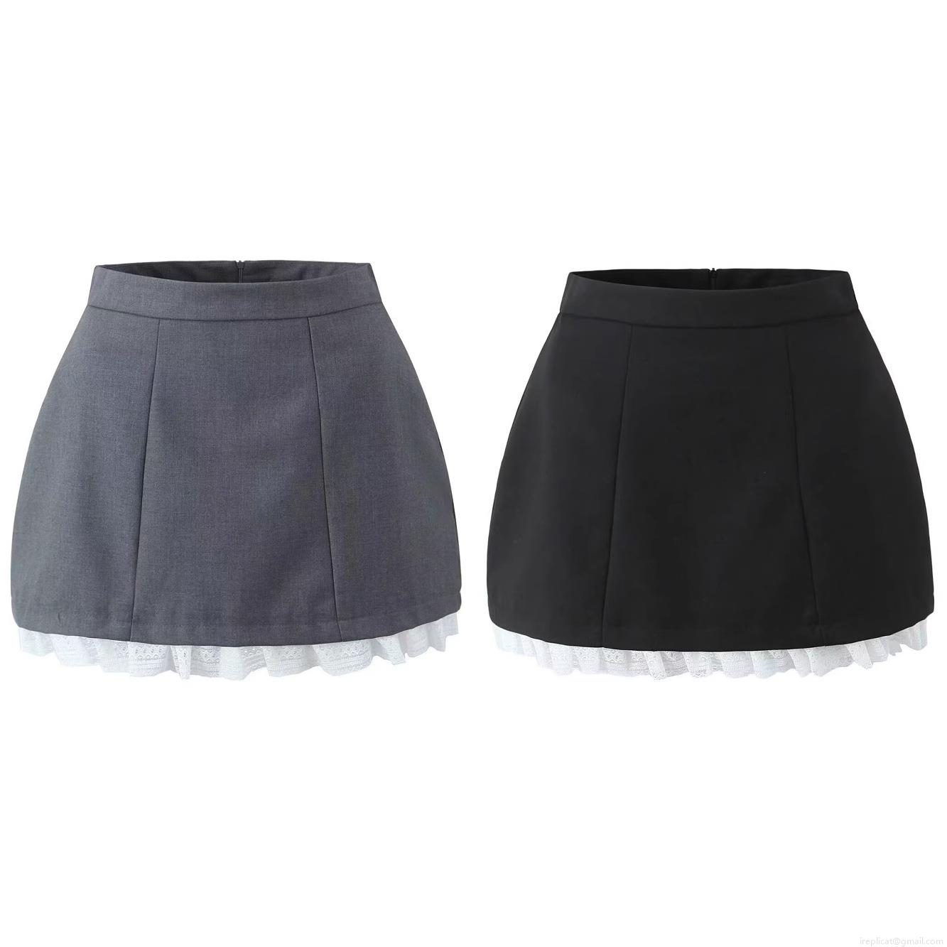 Women European Style Patchwork Lace Hem Floral Bud Puffy Mini Skirt High Waist Polyester Streetwear A-line Short Skirt for Women Fashionable Bottoms