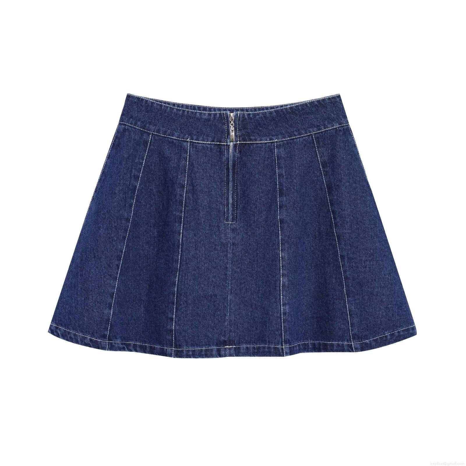 Women's Denim Mini Skirt High Waist A-Line Contrast Stitching Zipper Front Jean Skirt Streetwear Casual Dark Blue Polyester Blend Bottoms for Spring Summer