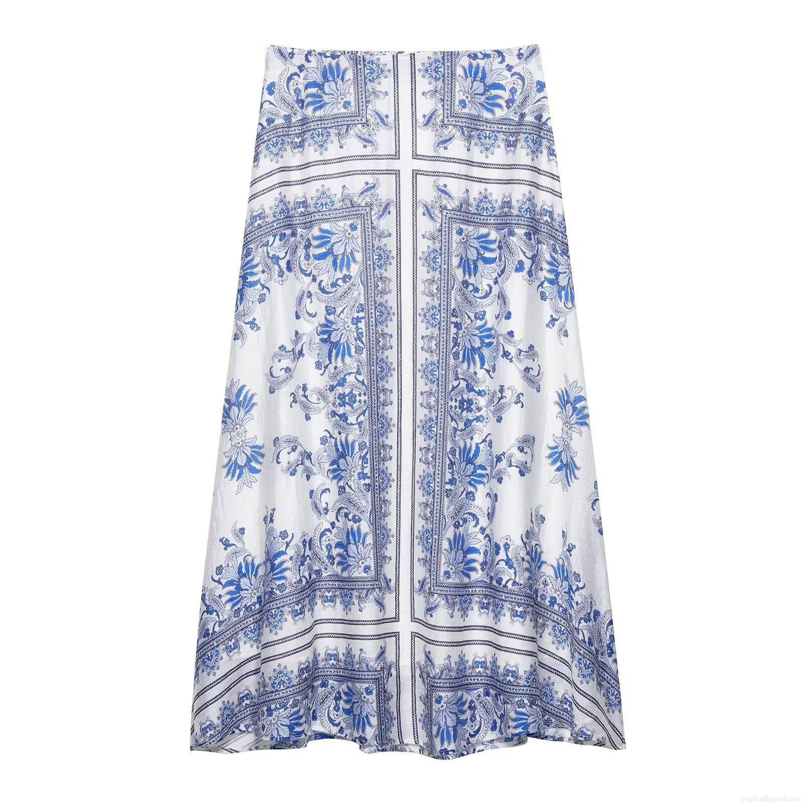 Women's High Waisted A-Line Midi Skirt 100% Polyester Blue and White Porcelain Floral Print Elastic Waist Casual Summer Vacation Streetwear Skirt