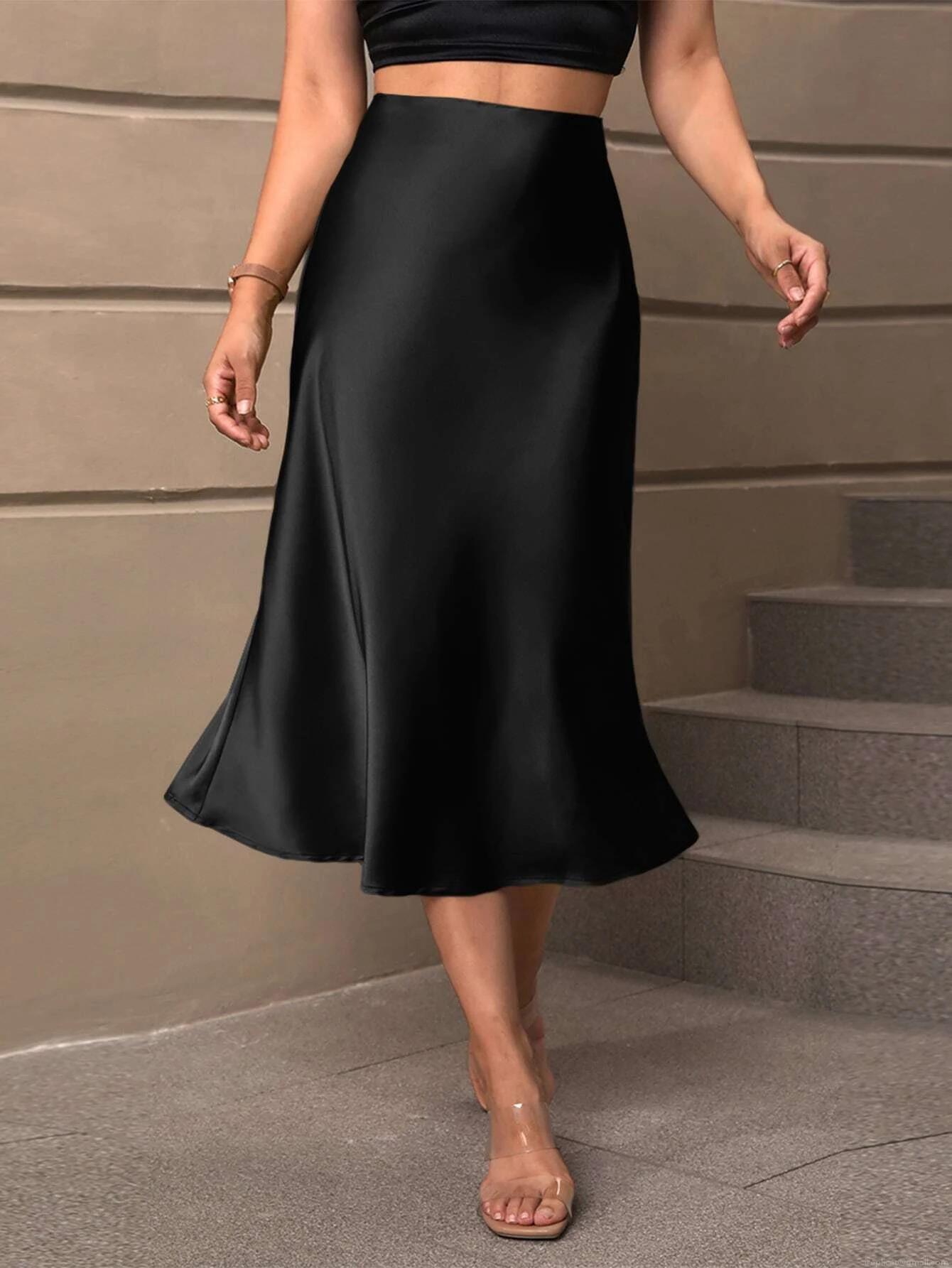 Elegant Women Satin Midi Skirt High Waist A-Line Silky Solid Color Skirt For Office Party Work Casual Bottoms Ladies