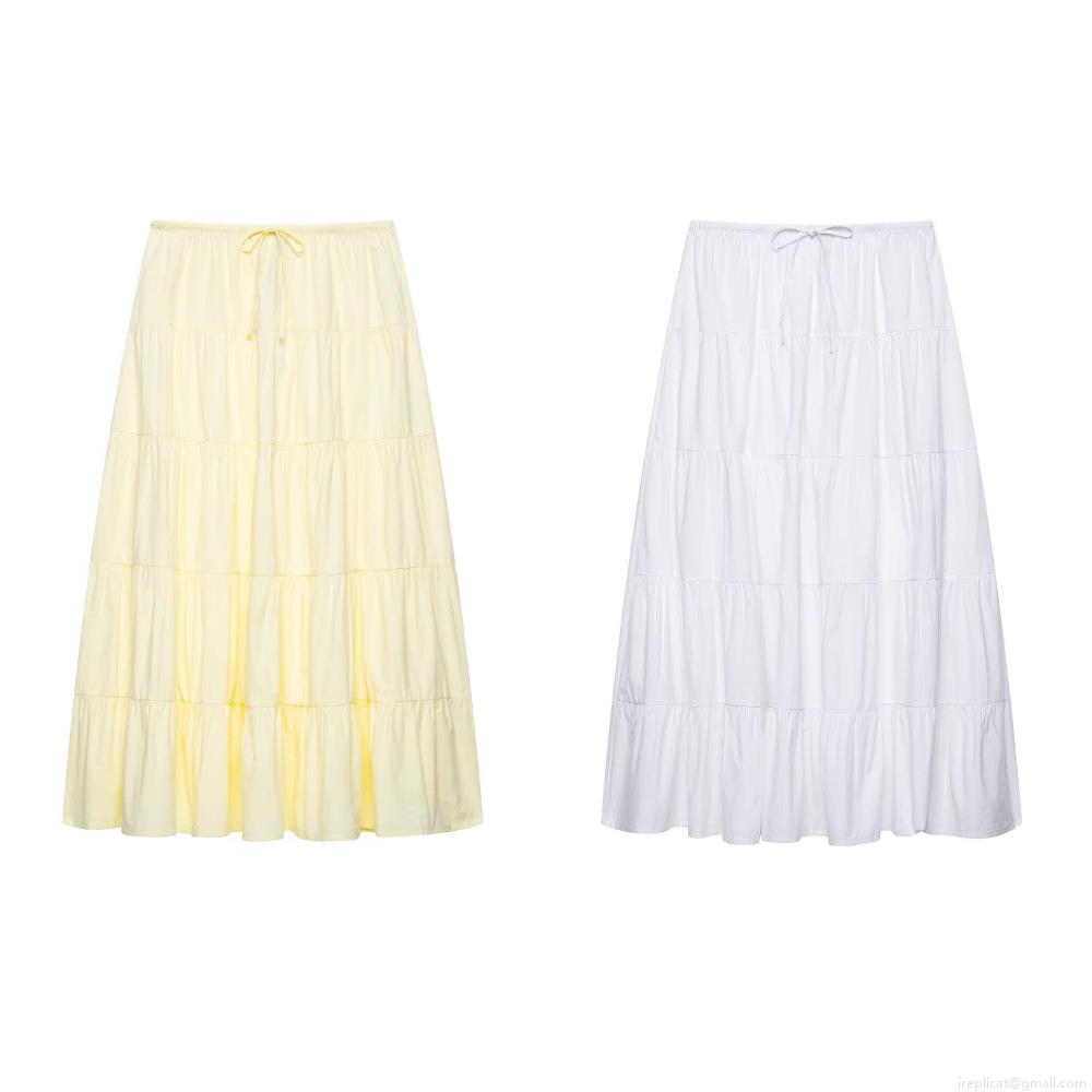 Women's Tiered Maxi Skirt High Waist Drawstring Cake Long Skirt Solid Color Breathable Streetwear Summer Bohemian Skirt For Women