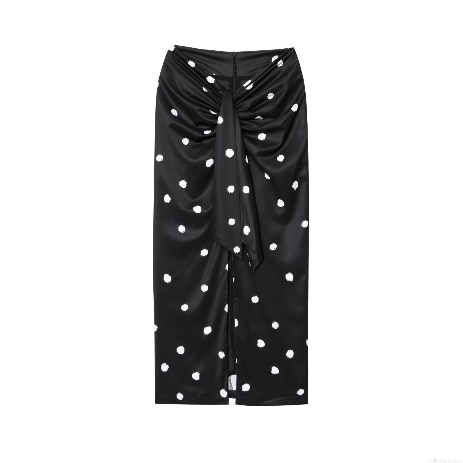 Women's Polka Dot Satin Midi Skirt Vintage Twist Knot Front High Waist Slit A-Line Elegant Summer Streetwear Skirt