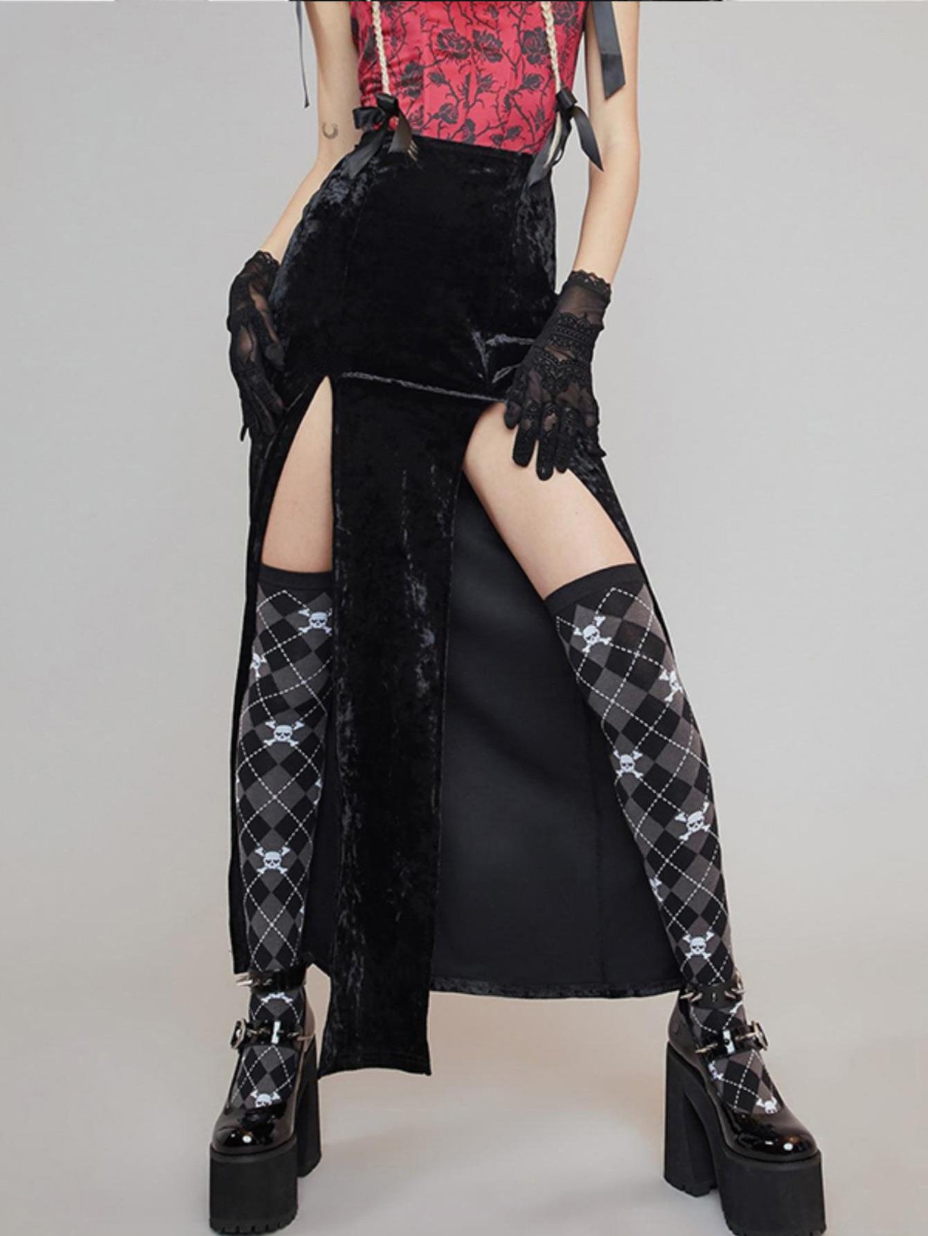 Women's Gothic Velvet Double Split Maxi Skirt 95% Polyester 5% Elastane High Waist Dark Punk Style Long Skirt For Halloween Party Clubwear