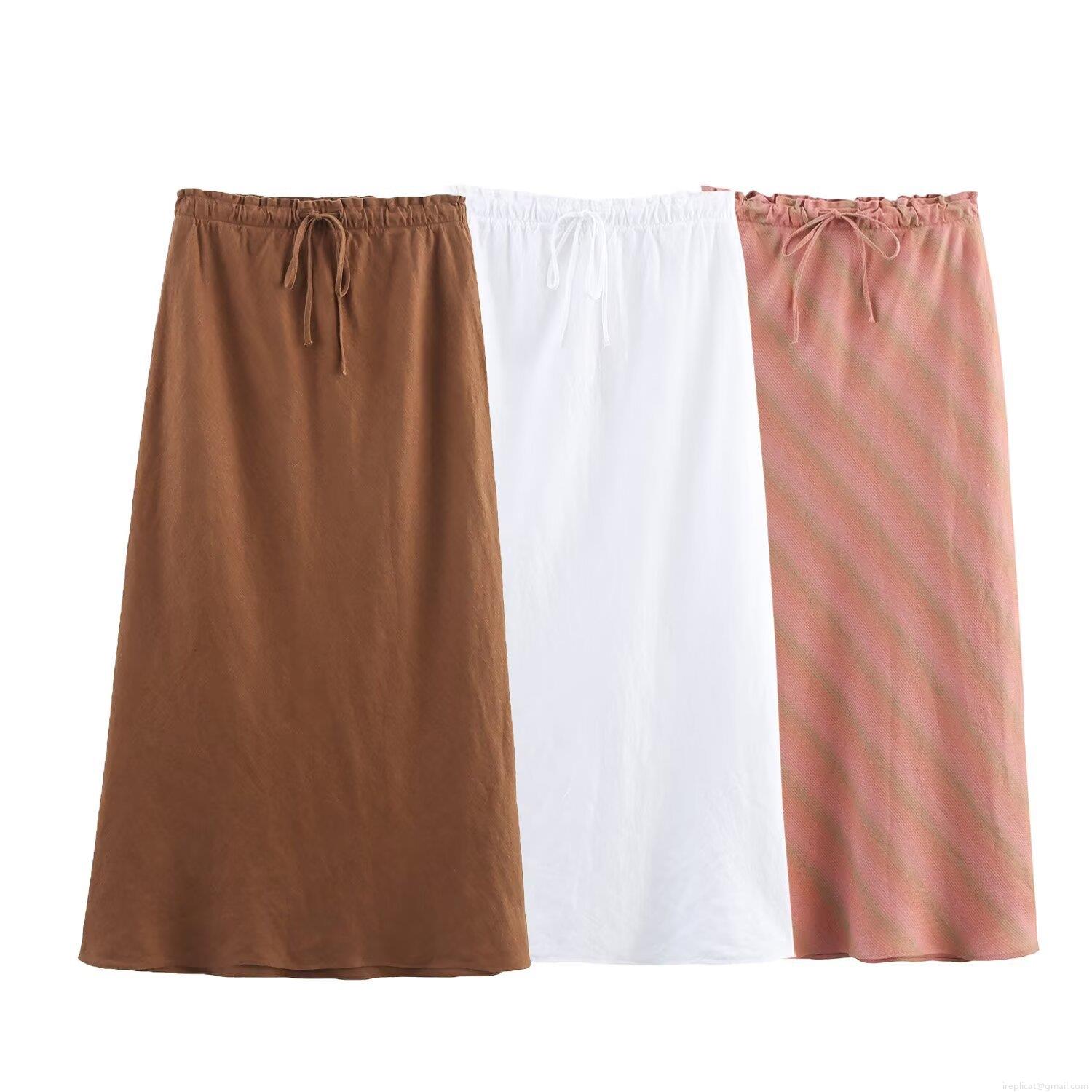 Women's Summer Linen Look A-Line Midi Skirt High Waist Elastic Drawstring Solid Color Long Skirt For Casual Vacation Streetwear Skirts