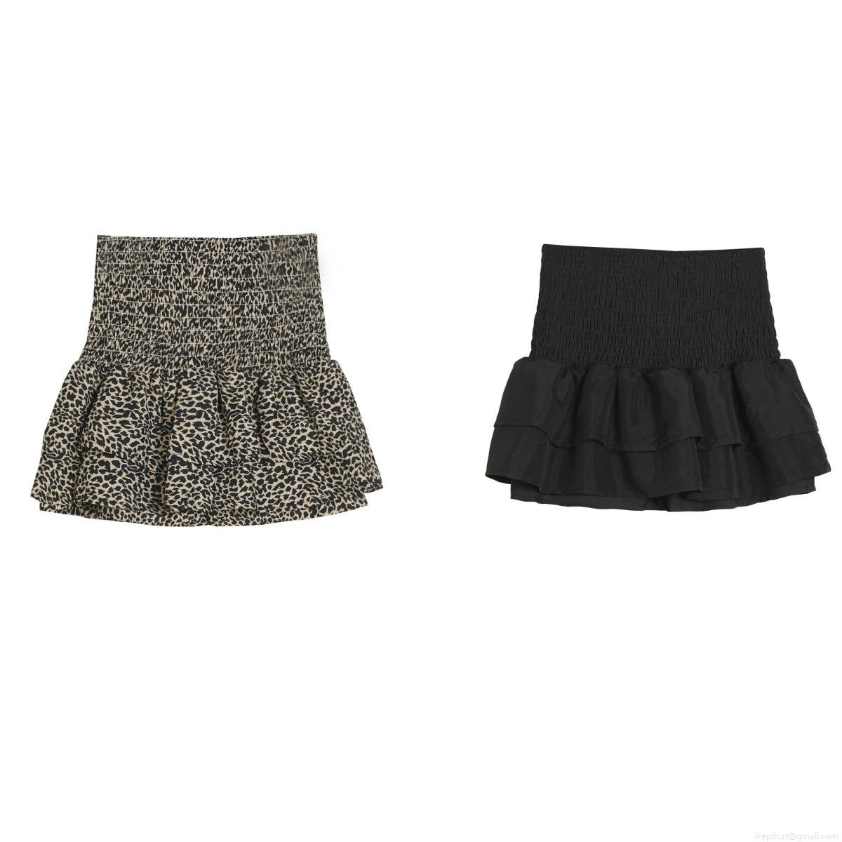 Women's Sexy Leopard Print Ruffle Mini Skirt High Waist Smocked Elastic Tiered Flowy Polyester Short Skirt For Summer Beach Party Club Streetwear