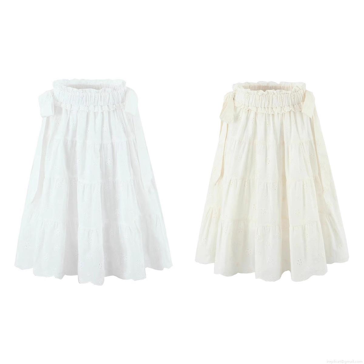 Women Summer High Waist Eyelet Embroidery Cotton Skirt Bohemian Tiered Ruffle Hem A-Line Midi Skirts Elegant Floral Lace Hollow Out Patchwork Skirt Women Vacation
