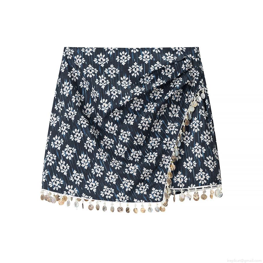 Women Ethnic Navy Blue Floral Print Mini Skirt With Tassel Shell Bead Decor Bohemian Ruffle A-Line Polyester Short Skirt For Vacation Party Lady