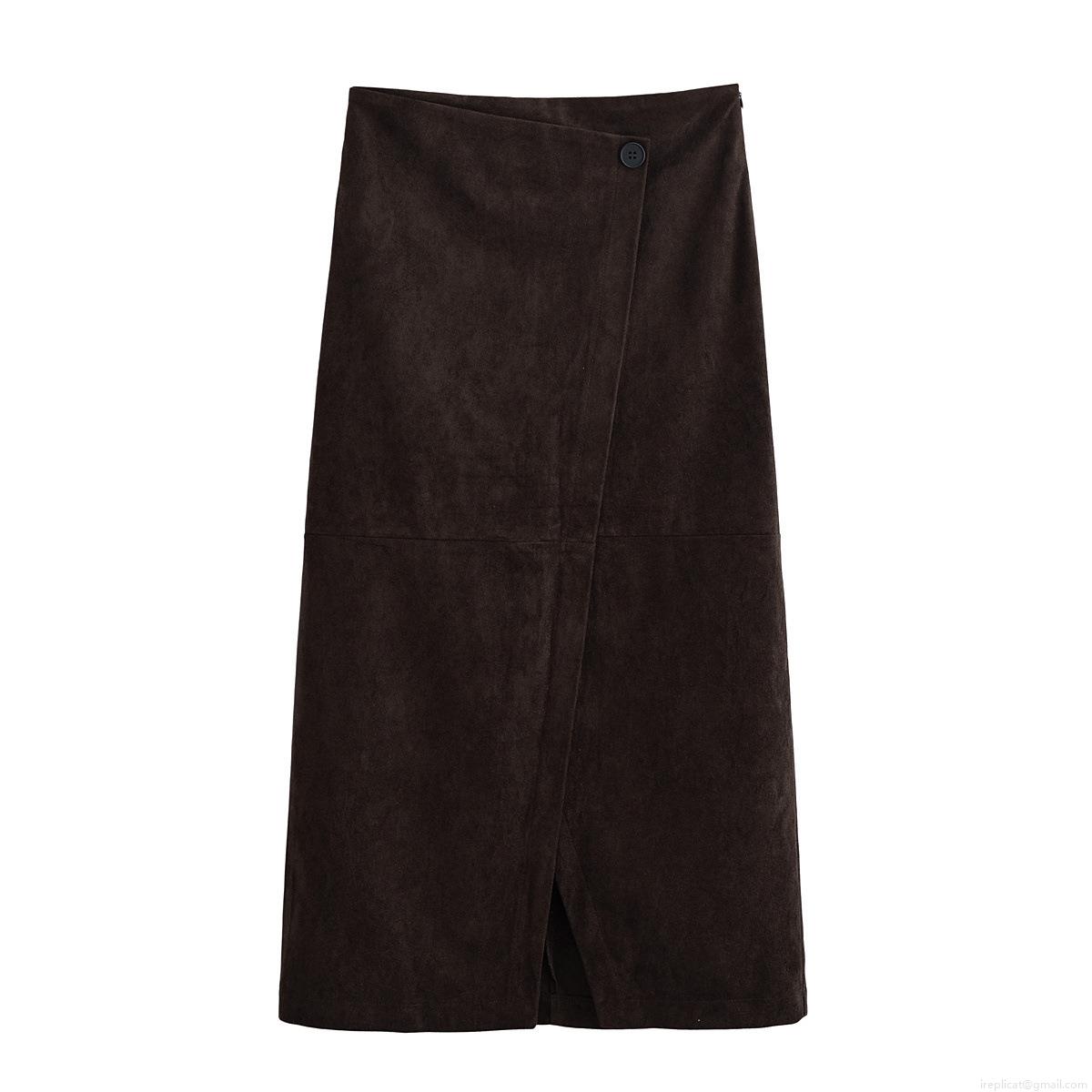 Women's Faux Suede Wrap Midi Skirt High Waist Side Split Button Detail Coffee Brown Straight Skirt For Autumn Winter Street Style