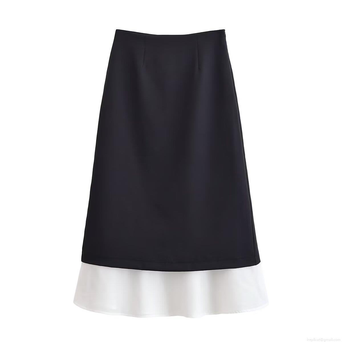 Women's High Waist Color Block Spliced Midi Skirt 100% Polyester Contrast Ruffle Hem Straight Slit Skirt Streetwear Fashion Autumn Bottoms