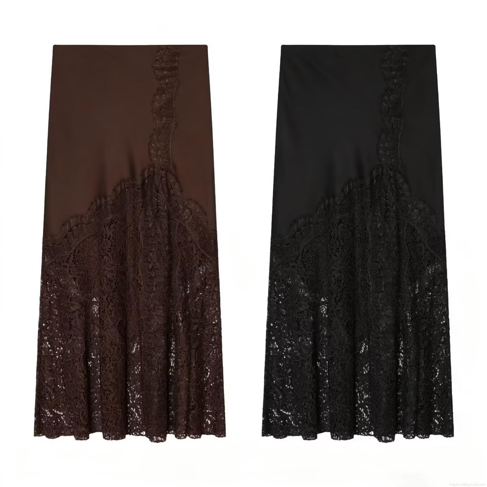 Women's Elegant Satin Midi Skirt With Lace Patchwork A-Line High Waist Solid Color Summer Streetwear Casual Fashion Bottoms