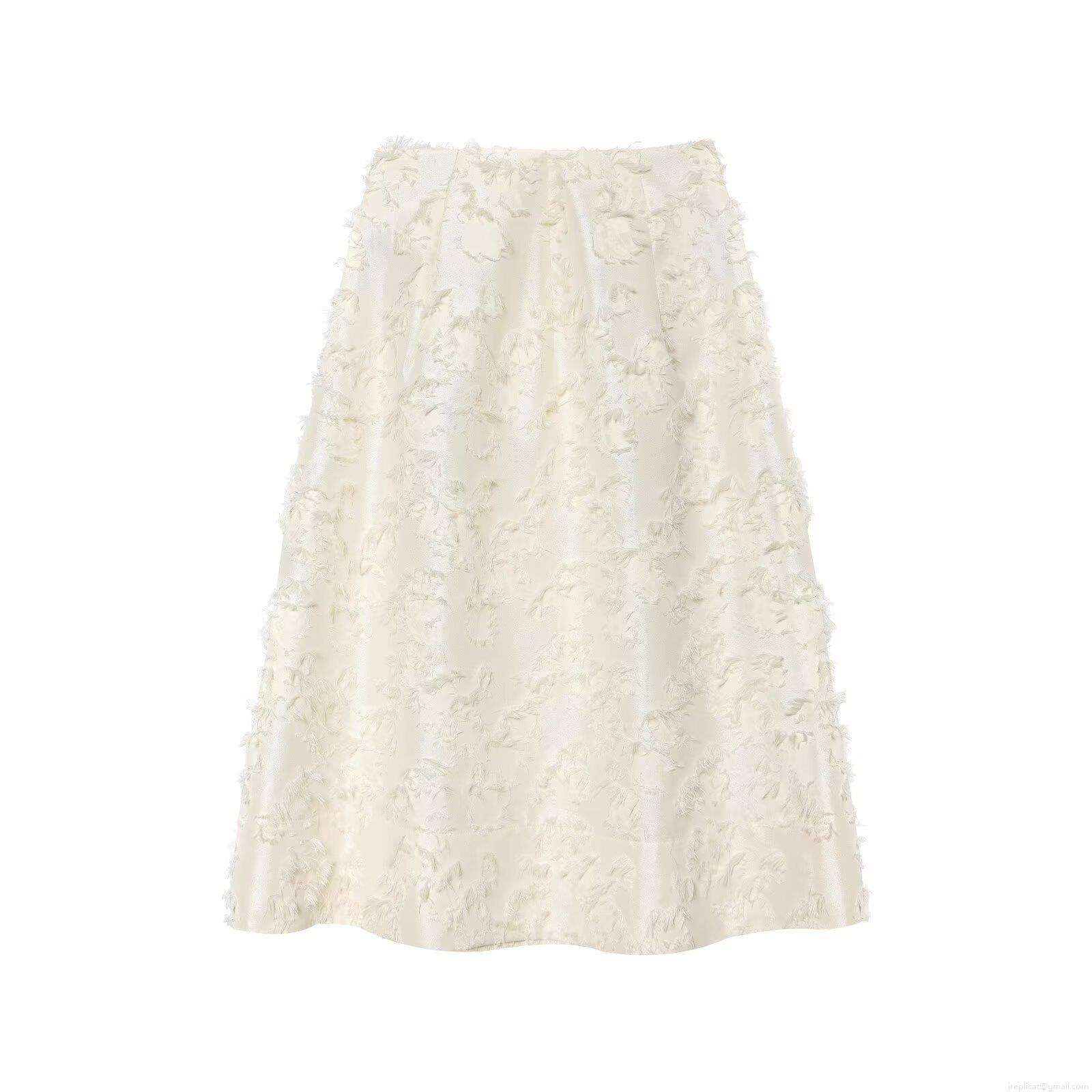 Elegant Women Midi Skirt Tassel Feather Textured Fabric A-Line Umbrella Skirt High Waist Street Style For Party Casual Fashion Creamy White Skirt