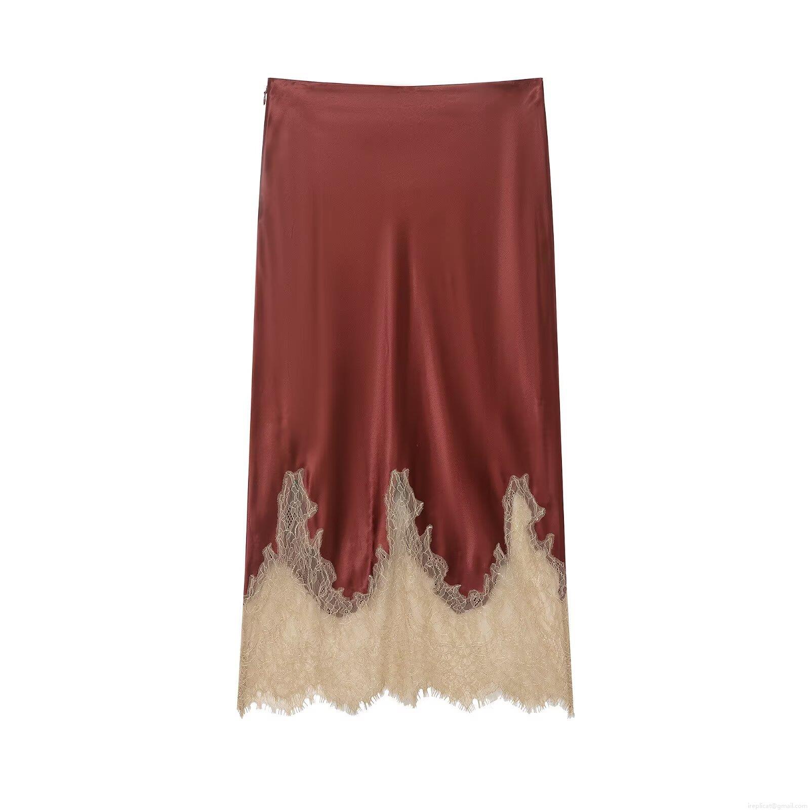 Women Elegant Satin Midi Skirt With Scalloped Lace Trim Hem High Waist A-Line Silk Like Polyester Solid Skirt For Party Streetwear Chic Fashion Bottoms