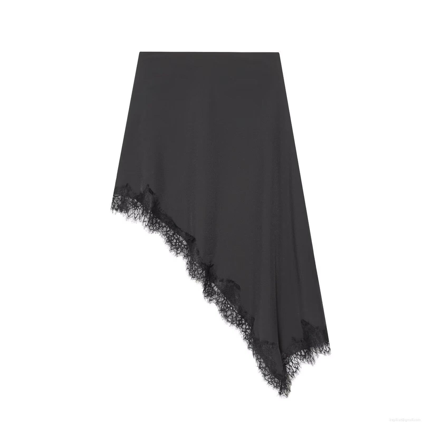 Women's Black Asymmetric Lace Hem Skirt High Waist Polyester Irregular Midi Skirt Streetwear Clubwear Party Sexy Ladies Skirt With Lace Trim