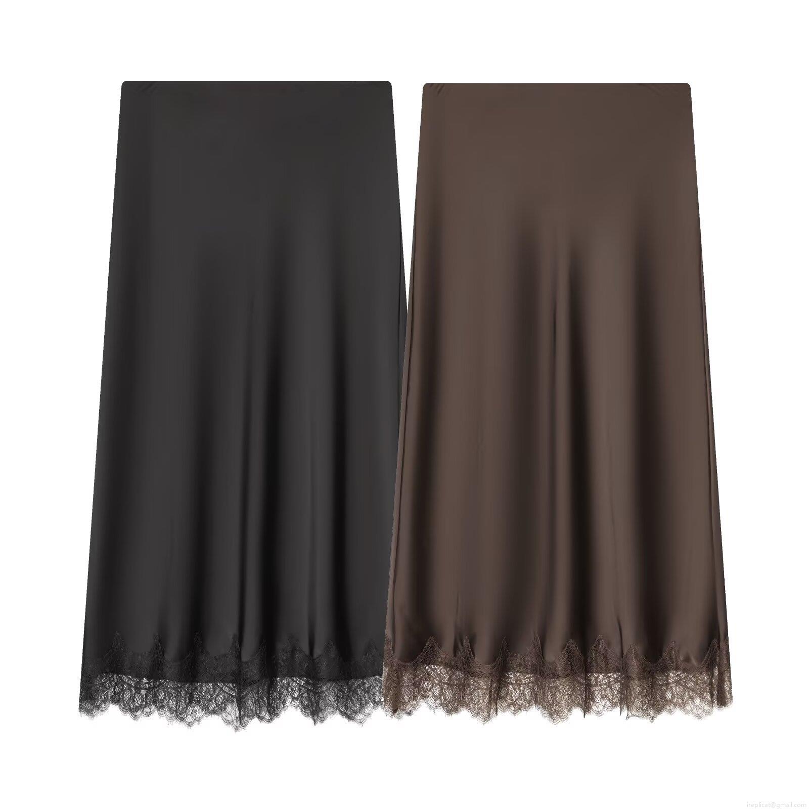 Women's Elegant Lace Trim Satin Midi Skirt High Waist A-Line Silky Skirt European Style Solid Color Patchwork Skirt For Ladies Spring Autumn