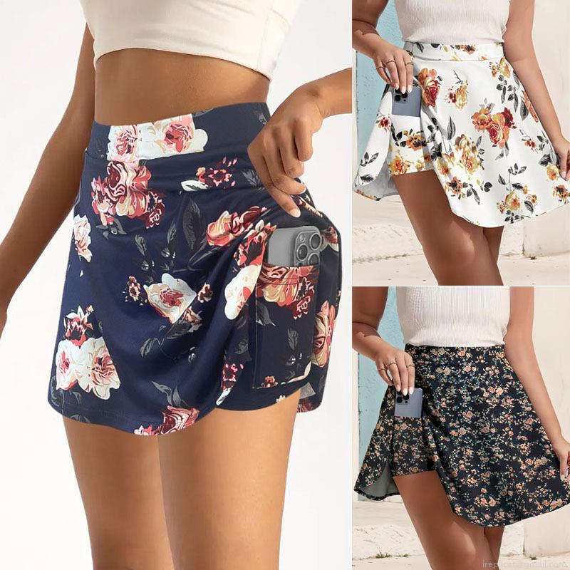 Women's High Waisted Floral Print Skort With Side Pockets Polyester Spandex A-Line Mini Sports Skirt Anti-exposure Summer Casual Beach Skirt