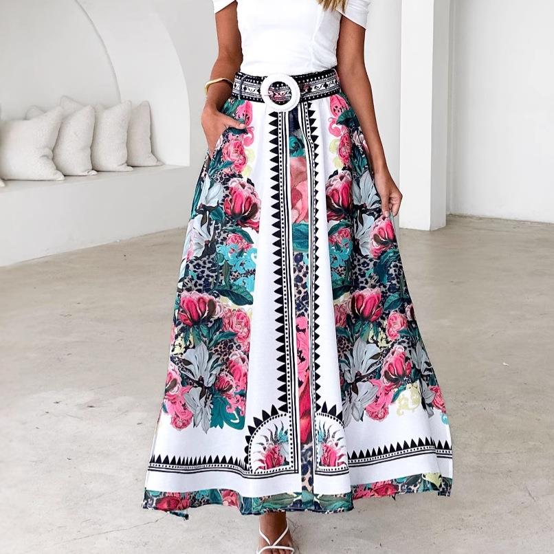 Women's High Waisted Bohemian Floral Print Maxi Skirt With Belt Summer A-Line Flowy Leopard Pattern Long Skirts For Vacation Beach Party Holiday
