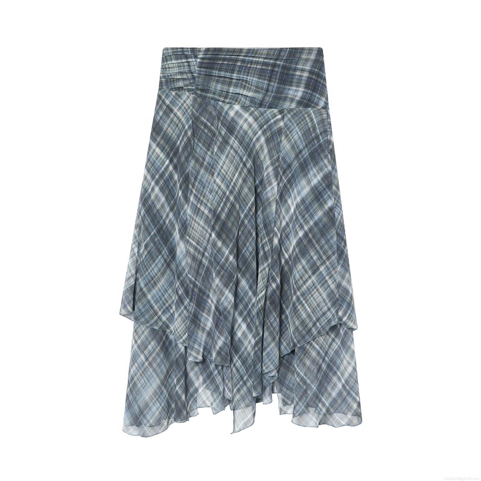 Women's Casual Plaid Midi Skirt Pearl Chiffon Asymmetric Layered Ruffle Hem Skirt Elegant High Waist A-Line Checked Skirt For Women Daily Wear