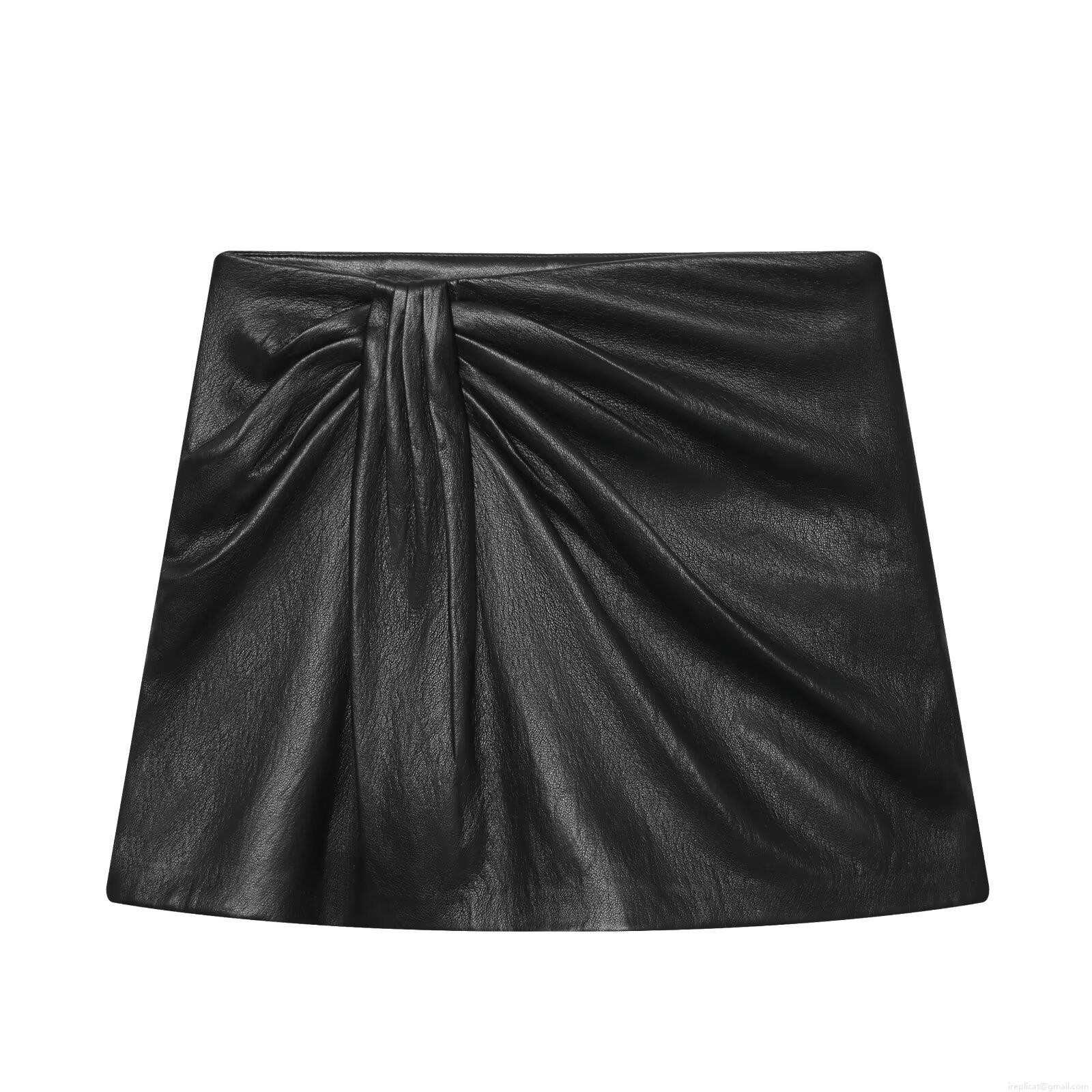 Women Sexy PU Leather Skort Ruched Asymmetric Mini Skirt Solid Black Chic High Waist Short Skirt For Winter Party Clubwear Nightout