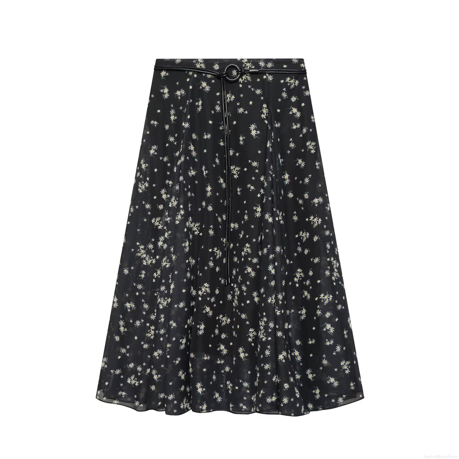 Women's Sweet Floral Chiffon A-Line Midi Skirt With Belt Elegant Black Daisy Print High Waist Long Skirt For Daily Casual Spring Summer