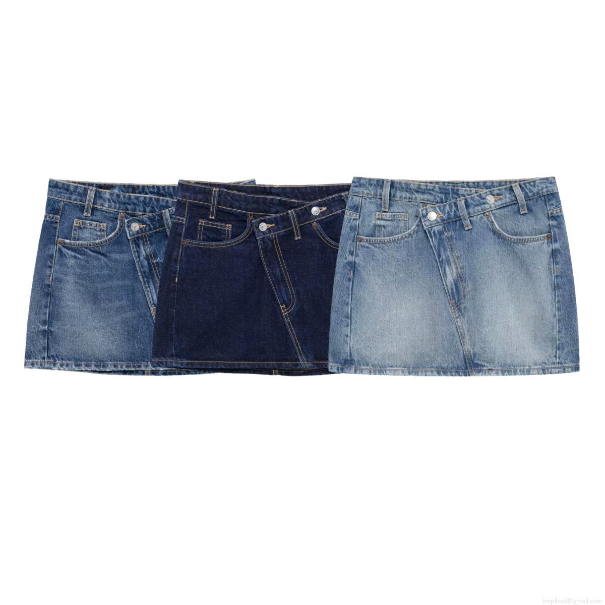 Women's Fashion Irregular Asymmetric Waist Denim Mini Skirt High Waisted Washed A-Line Jean Short Skirt Casual Streetwear Bottoms