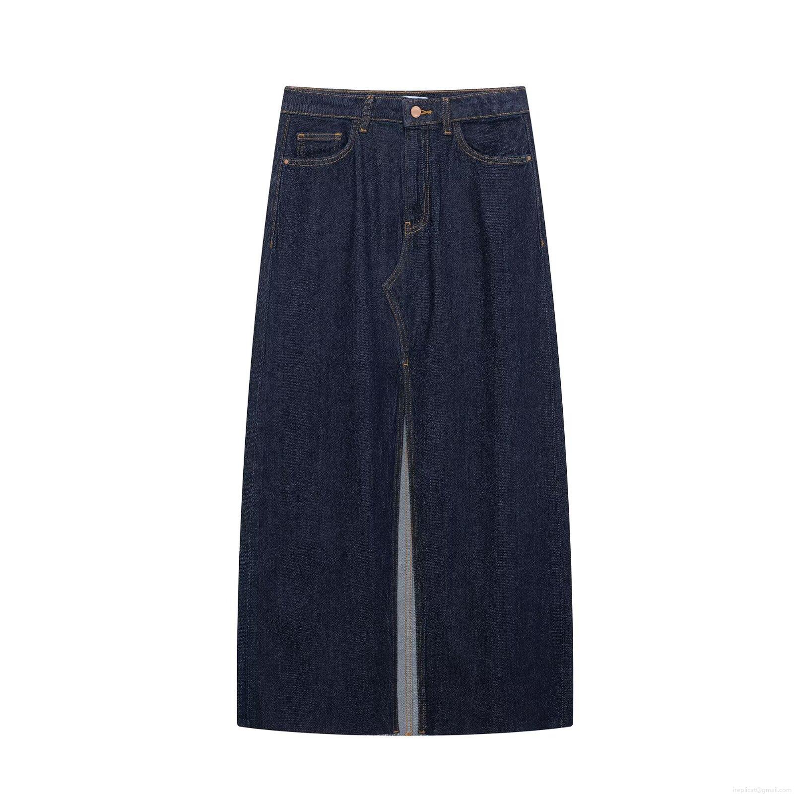 Women's Fashion High Waist Front Slit Denim Midi Skirt Casual Versatile Washed Long A-Line Skirt With Raw Hem And Contrast Stitching