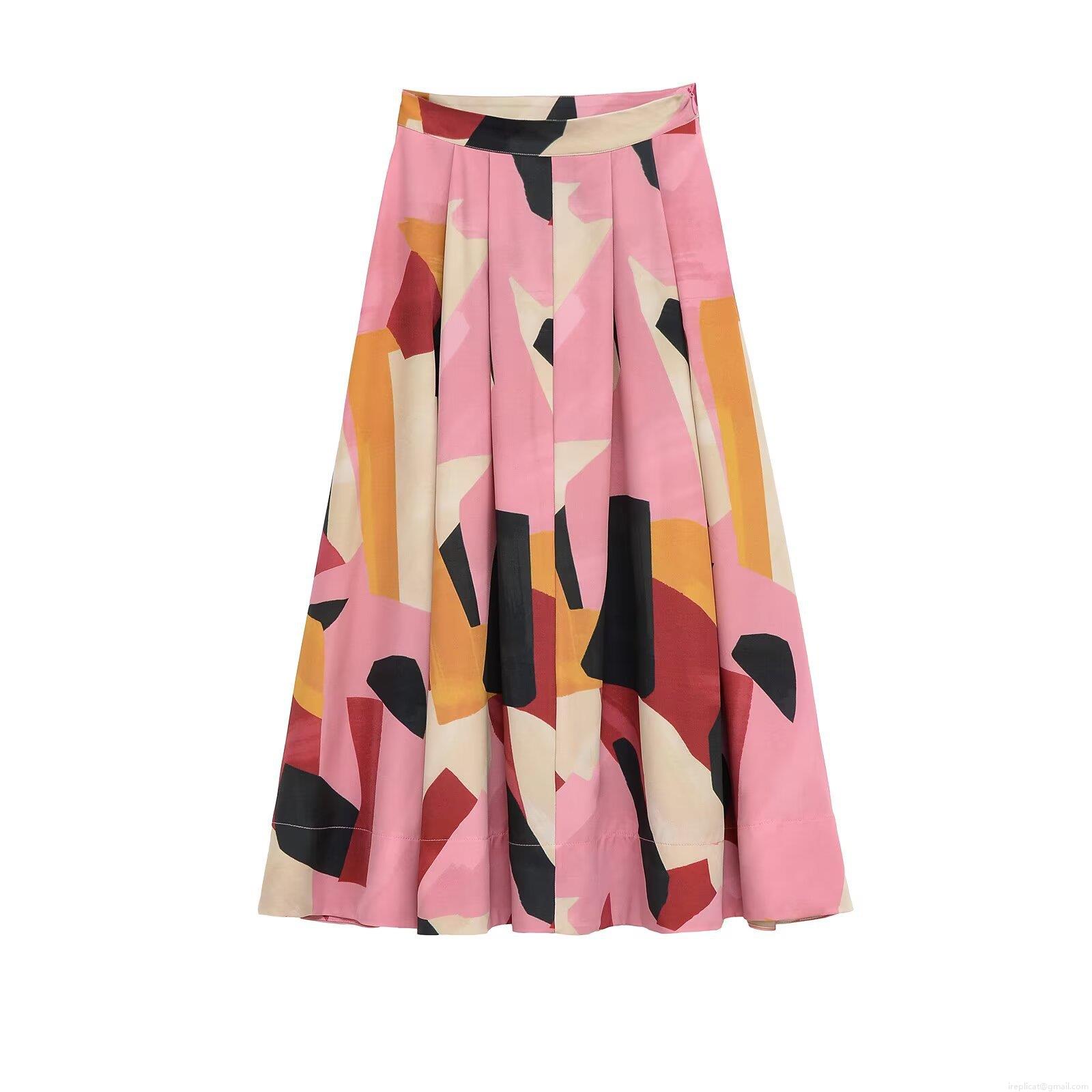 Women's Elegant High Waist A-Line Midi Skirt Geometric Print Polyester Spandex Pleated Flowy Swing Skirt For Summer Daily Commute Ladies Casual Skirt