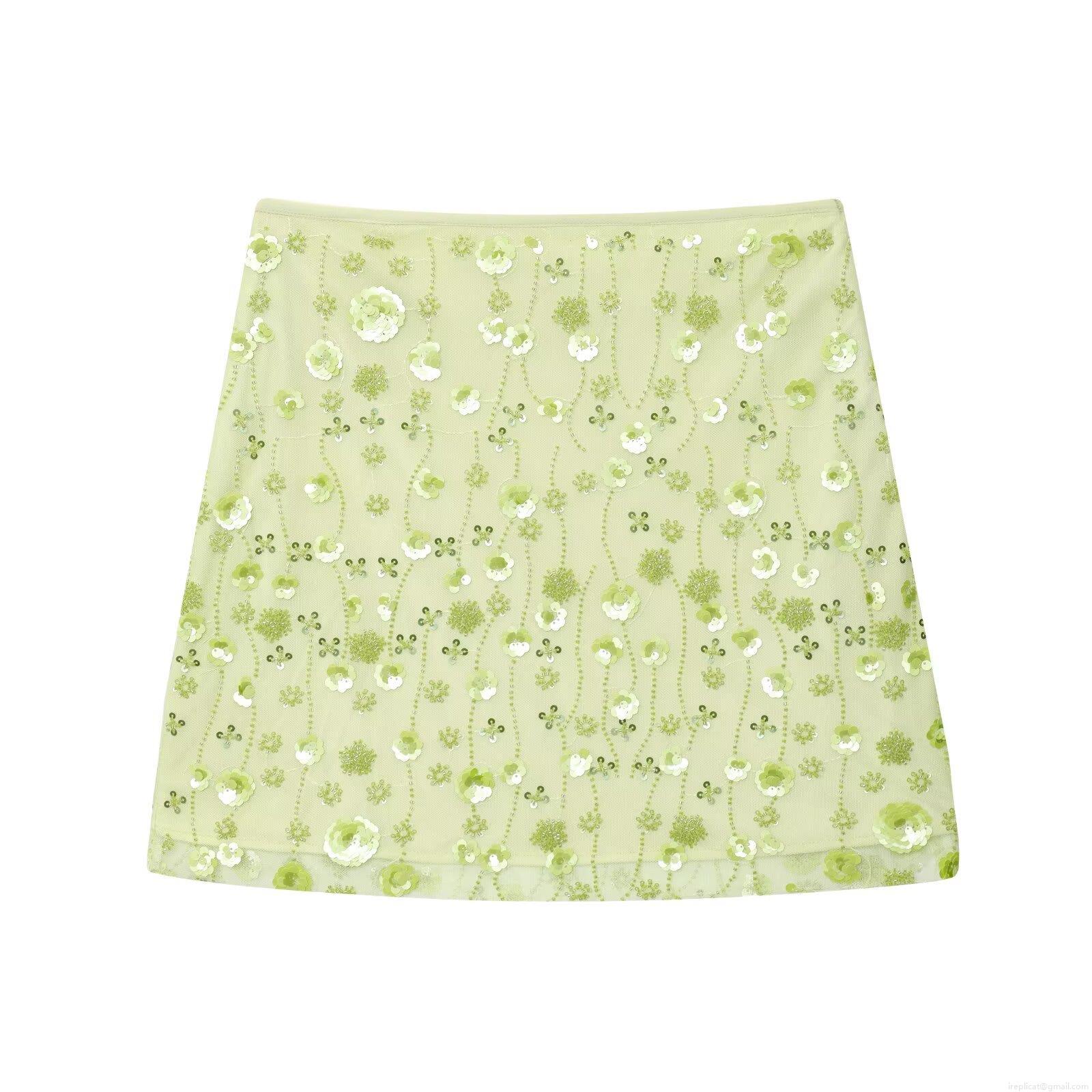 Women's Sexy Light Green Mesh Mini Skirt With 3D Sequin Flower Decoration And Beaded Detail Slim Fit Straight Skirt For Party Club Wear