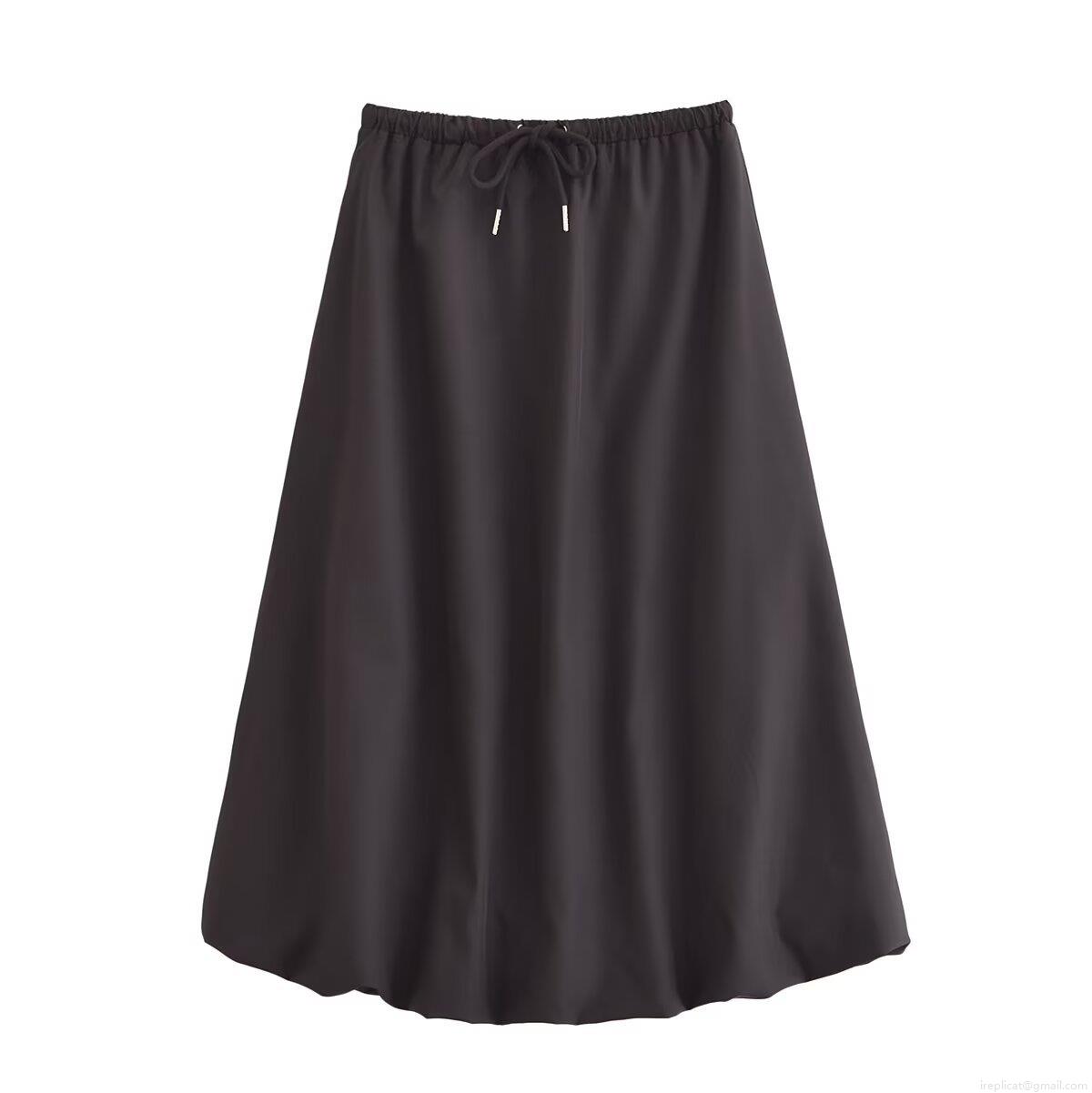 Women's Casual Solid Color Balloon Midi Skirt Elastic High Waist With Drawstring A-Line Polyester Spandex Blend Skirt For Autumn Daily Wear