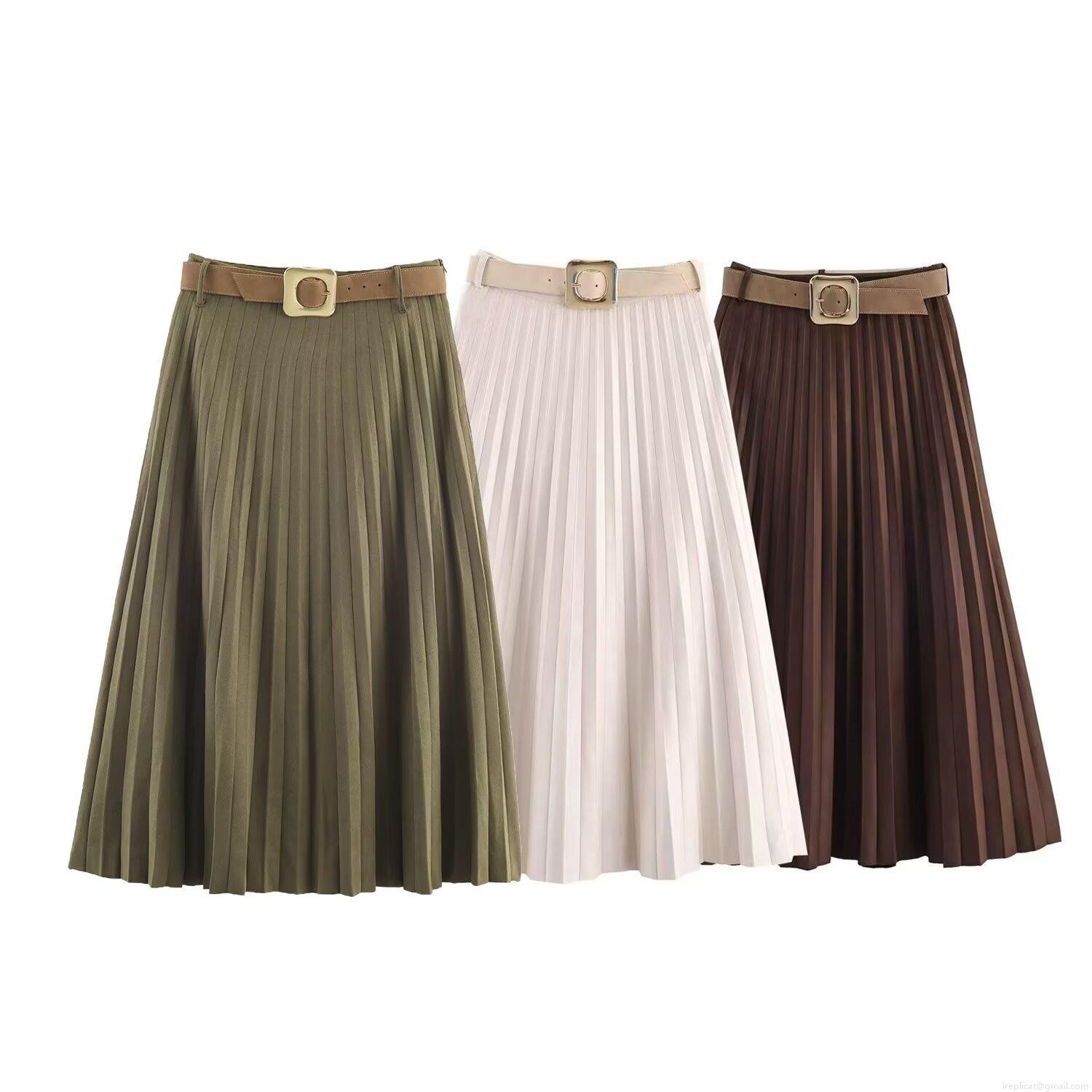 Women's Elegant High Waist Pleated Midi Skirt With Belt Faux Suede Solid Color A-Line Long Skirt For Office Casual Wear Autumn Fashion