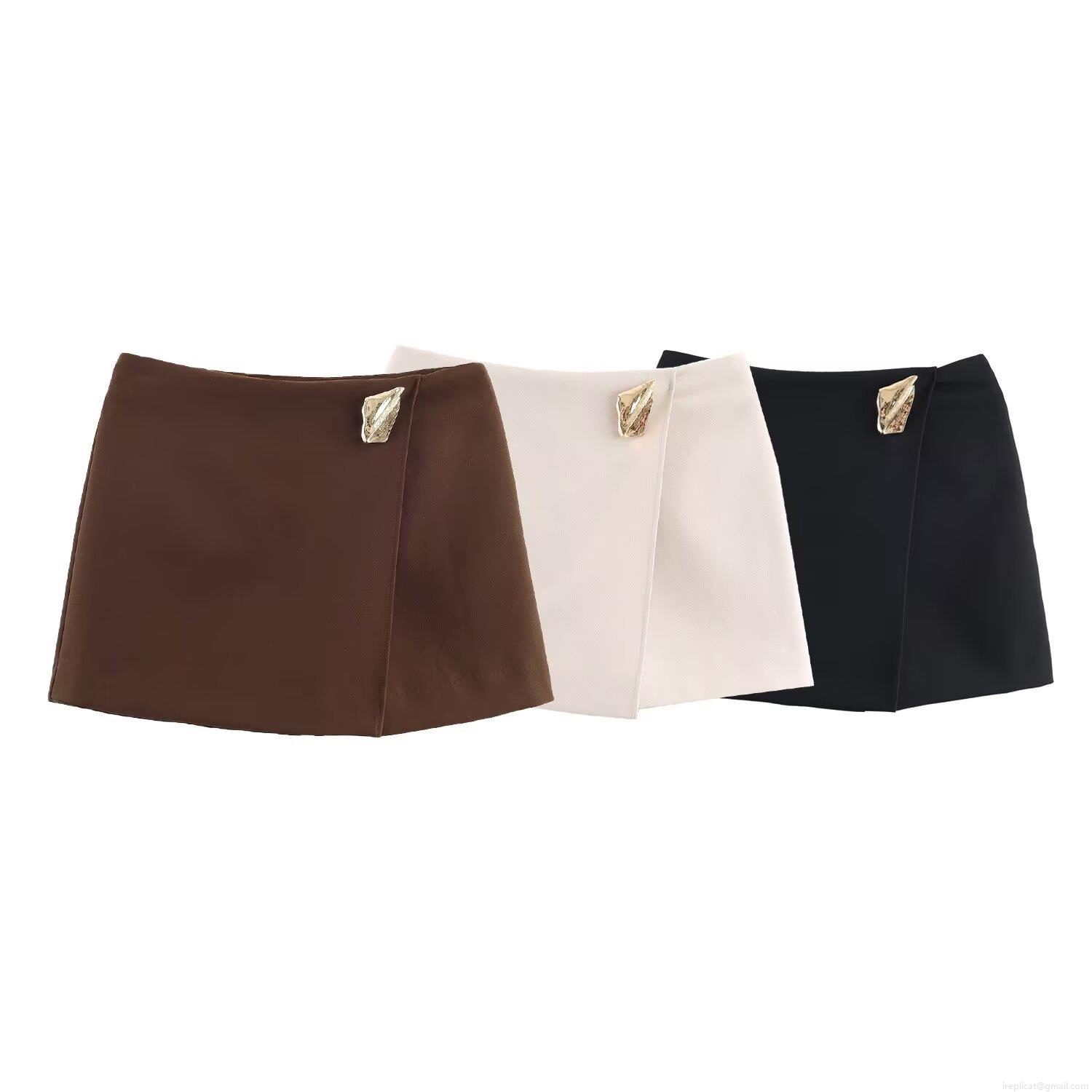 Women Fashion Asymmetric A-Line Skort With Decorative Metal Buckle High Waist Polyester Mini Skirt Short Pants For Casual Autumn Wear