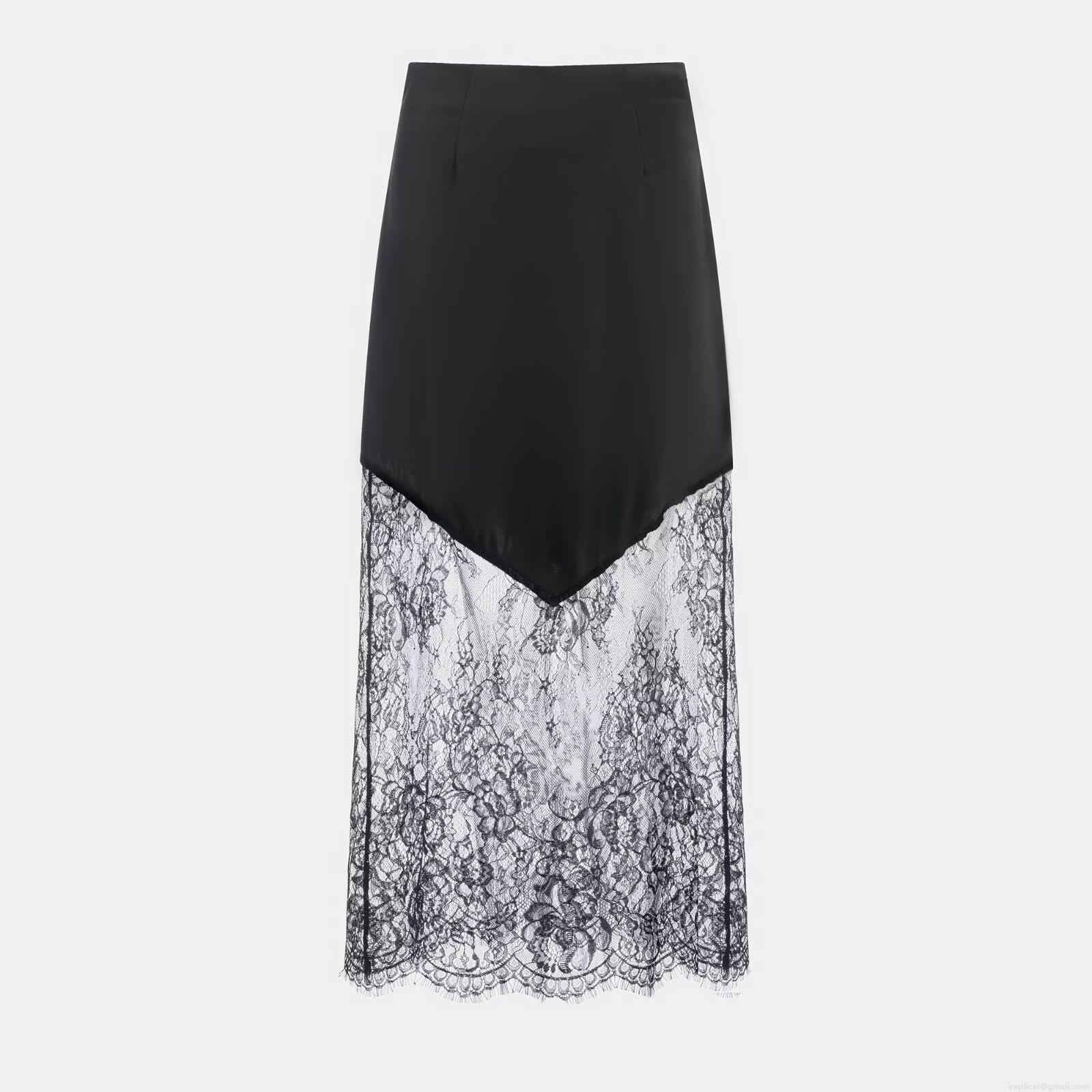 Women's Fashion Satin Lace Stitching Midi Skirt Elegant High Waist Patchwork Long Skirt Sexy Streetwear Party Club Wear Bodycon Straight Skirt