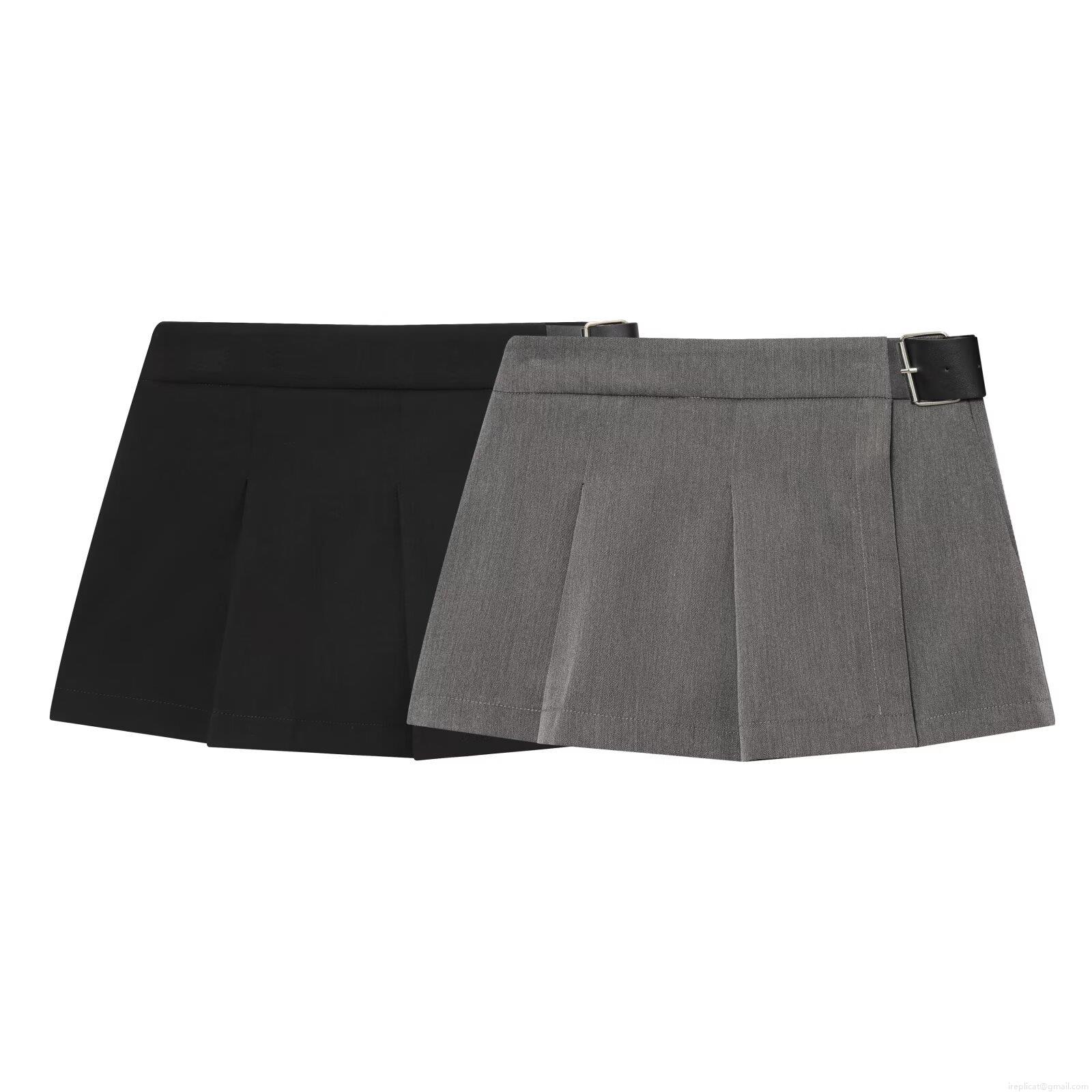 Women's High Waist Pleated Mini Skort With PU Leather Belt Solid Color Polyester Spicy Style Short Skirt For Autumn Daily Streetwear