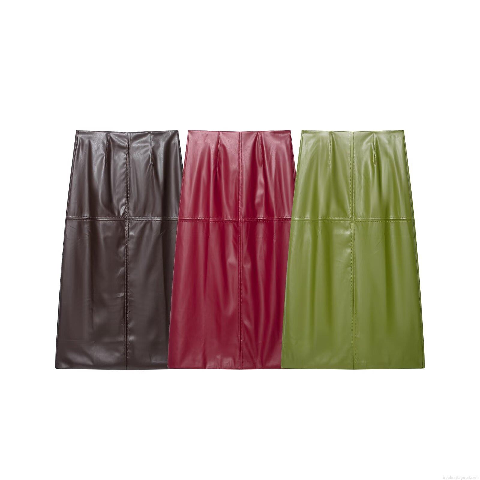 Women's Retro PU Leather Midi Skirt With Slit Solid Color Faux Leather Straight Skirts High Waist Fashion Casual Autumn Winter Bottoms