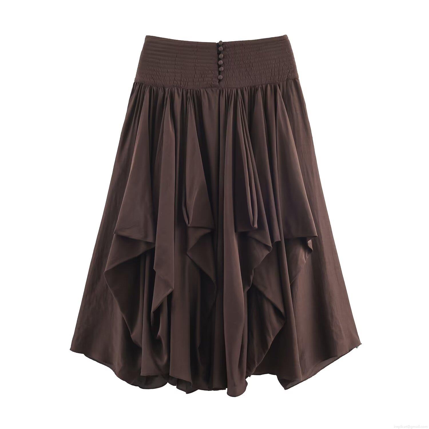 Women's Elegant Pleated Midi Skirt High Waist Layered A-Line Skirt With Buttons Decoration Coffee Brown Polyester Spandex Skirt For Casual Office Work
