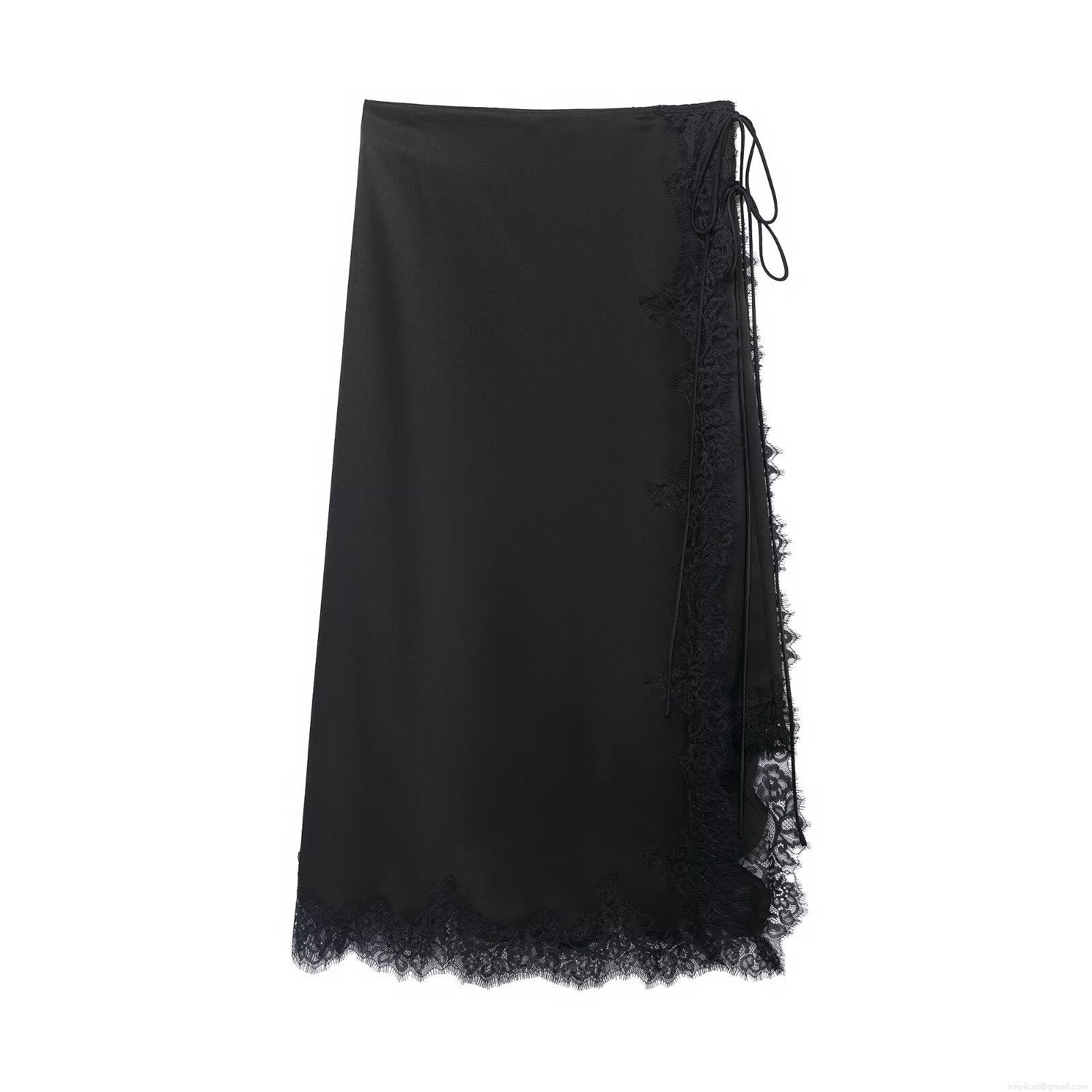 Elegant Black Satin Midi Skirt With Lace Patchwork And Tie Side Wrap Design For Women High Waist Chic Office Party Fashion Silk Feel Skirts