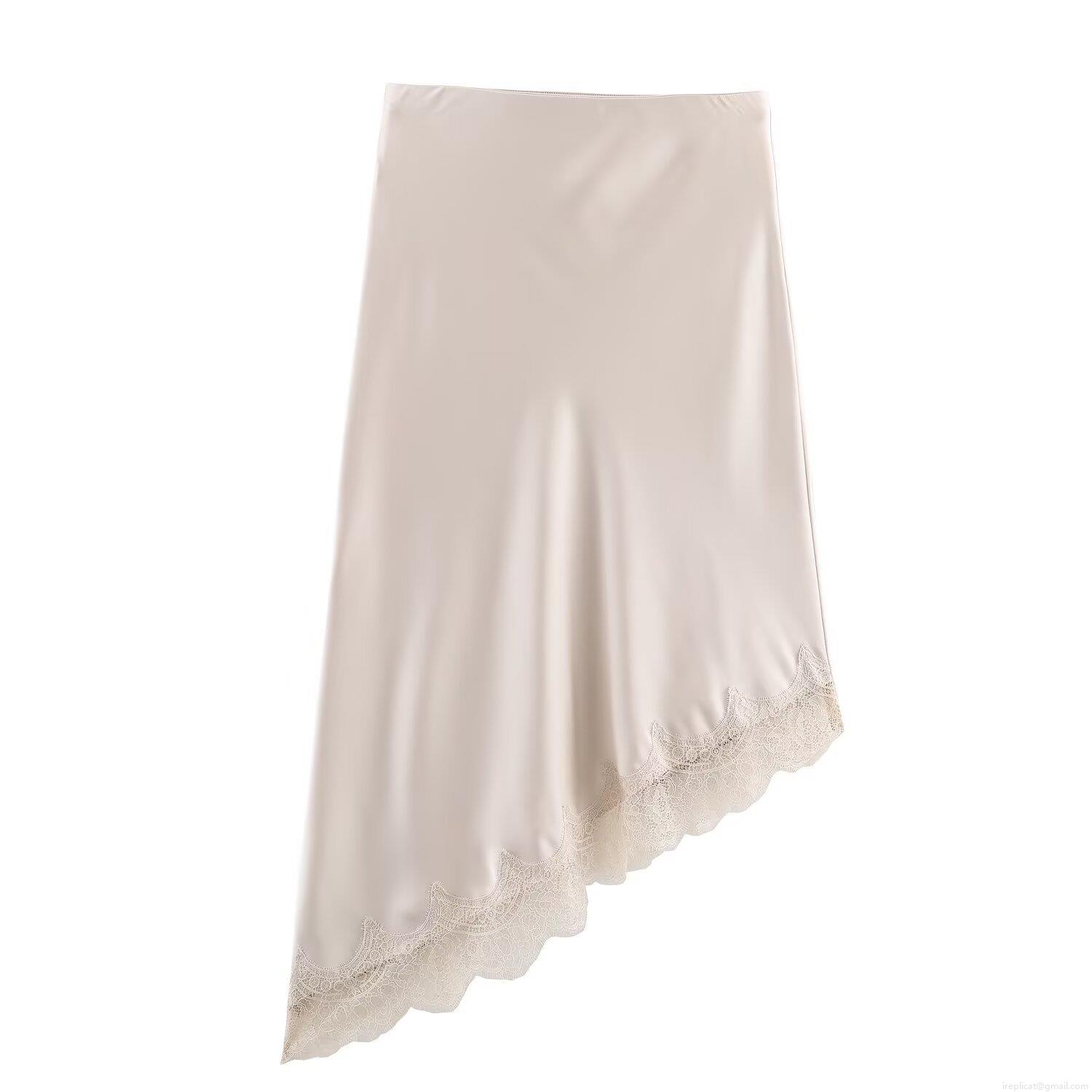 Women Elegant Satin Midi Skirt With Lace Patchwork Asymmetrical Hem High Waist A-Line Silky Skirt For Evening Party Wedding Guest Resort Style