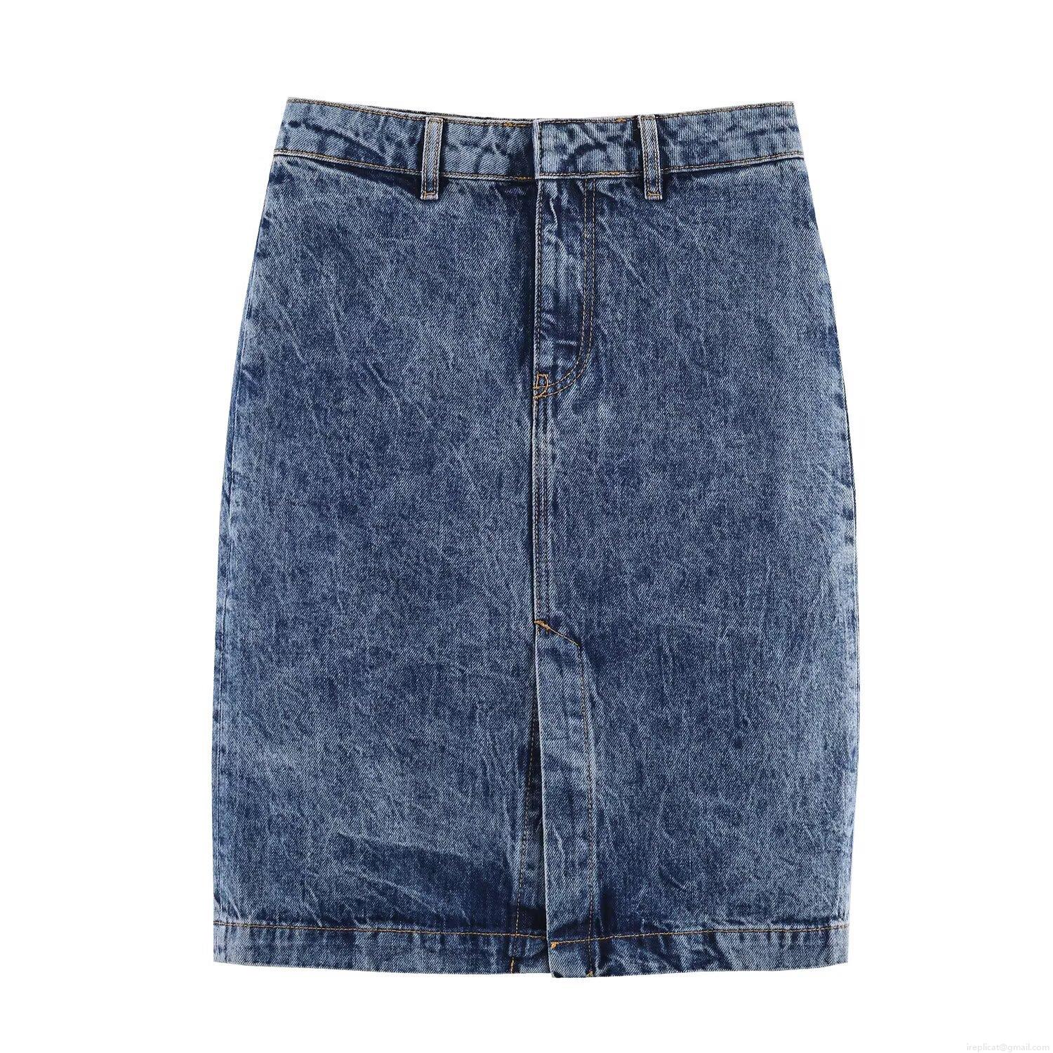 Women's Fashion Denim Midi Skirt High Waist Slit Snow Wash Cotton Blend Streetwear Sexy Slim Straight Jean Skirts For Women Daily Party