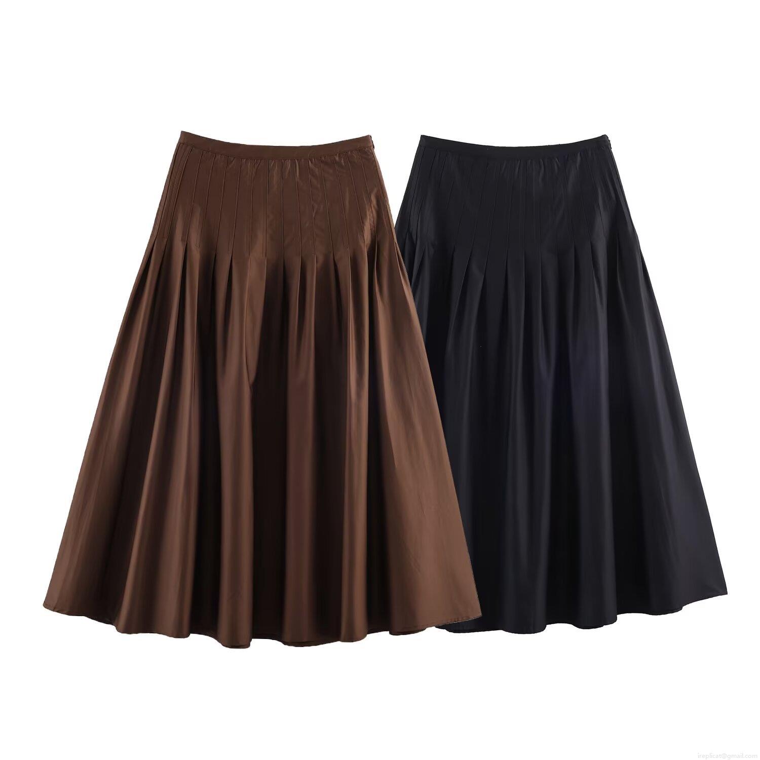 Women's Elegant High Waist Pleated Midi Skirt Polyester A-Line Pure Color Streetwear Skirt For Ladies Casual Party Office Fashionable Bottoms