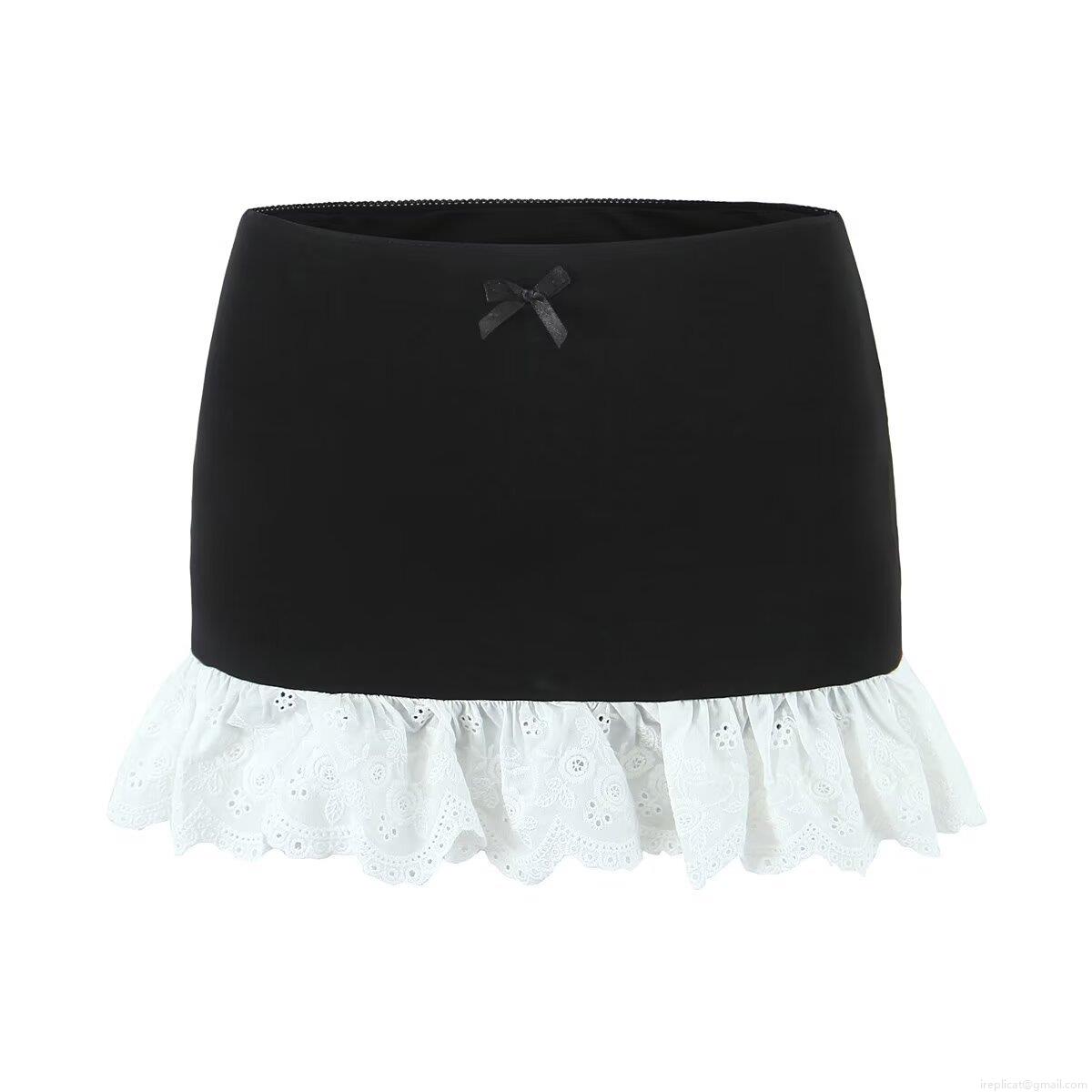Sexy Women Lace Patchwork Mini Skirt With Inner Safety Shorts Fashion Bow Decor High Waist Tight Short Skirt For Club Streetwear Party