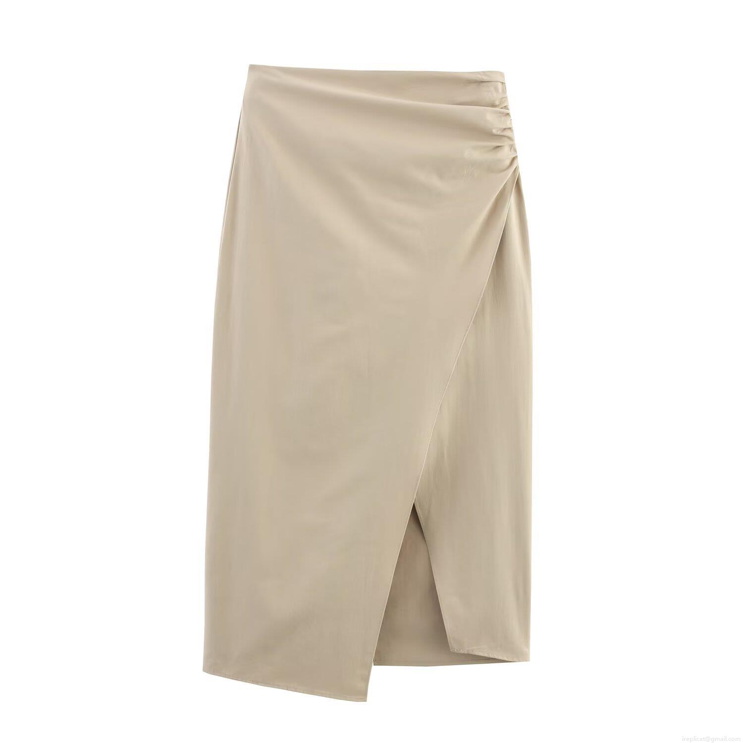 Women's Sexy High Waist Ruched Side Midi Skirt Khaki Irregular Wrap Design Split Hem Twill Woven Polyester Bodycon Skirt For Streetwear Party Club