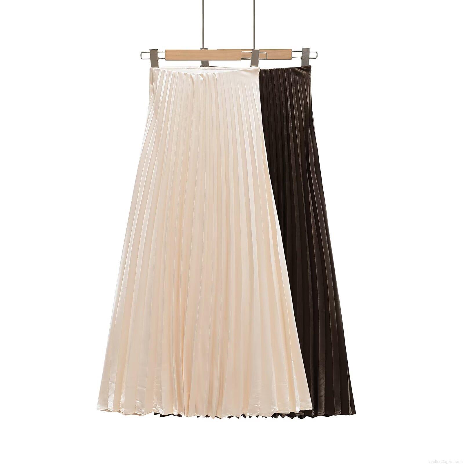Women's French Style Elegant Satin Pleated Midi Skirt High Waist Solid Color Long A-Line Skirt For Commuting Party Lady Fashion
