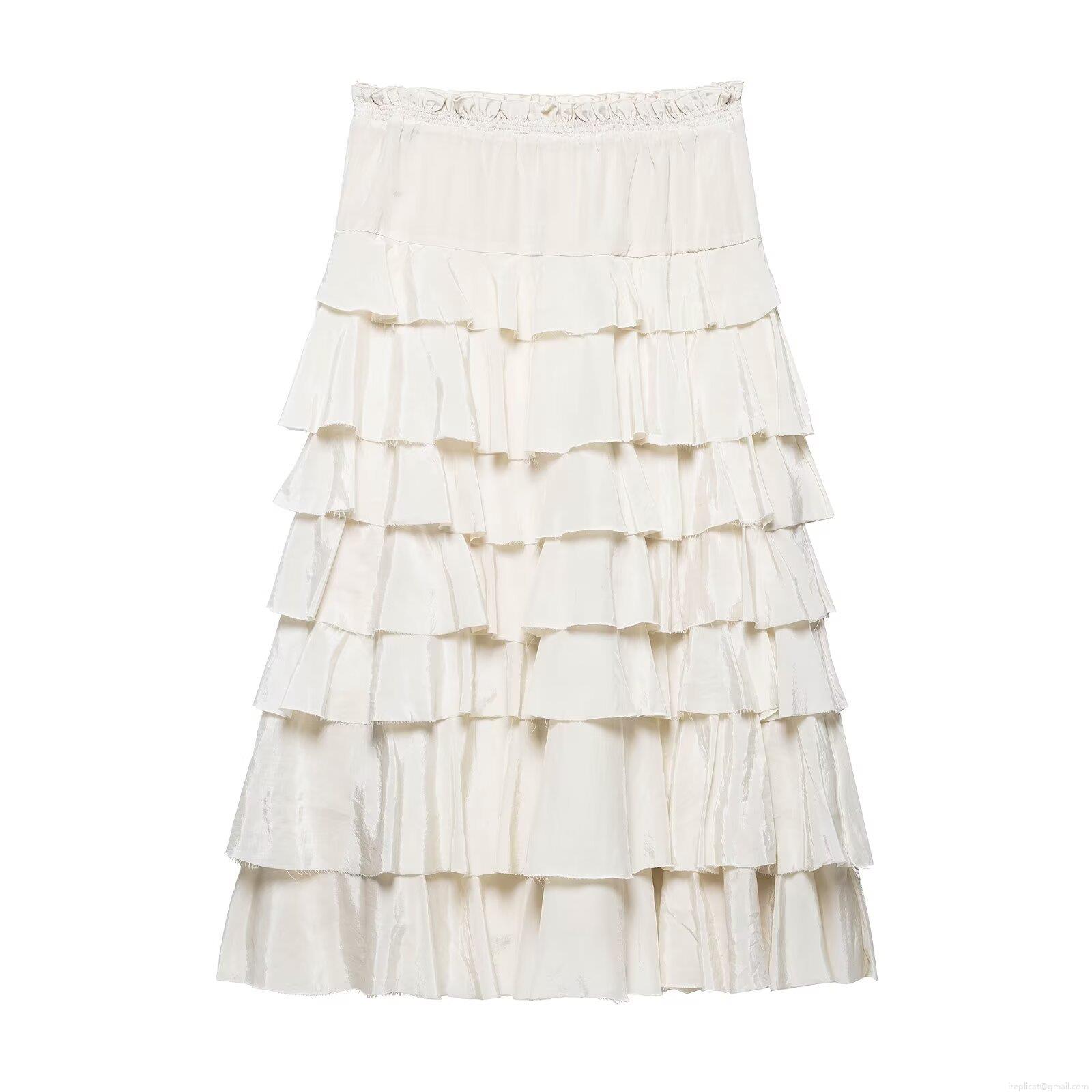 Women's Layered Ruffle Maxi Skirt Elegant Polyester Satin-Like Tiered Cake Skirt High Waist Elastic Waistline Solid Color Creamy White Long Skirt For Party Streetwear Sexy Chic Style