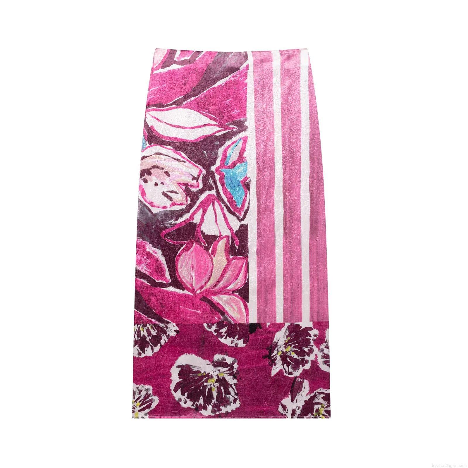 Women's Fashion Floral Print Satin Midi Skirt French High Waist Pleated Straight Skirt Patchwork Striped Patterned Skirt For Party Streetwear