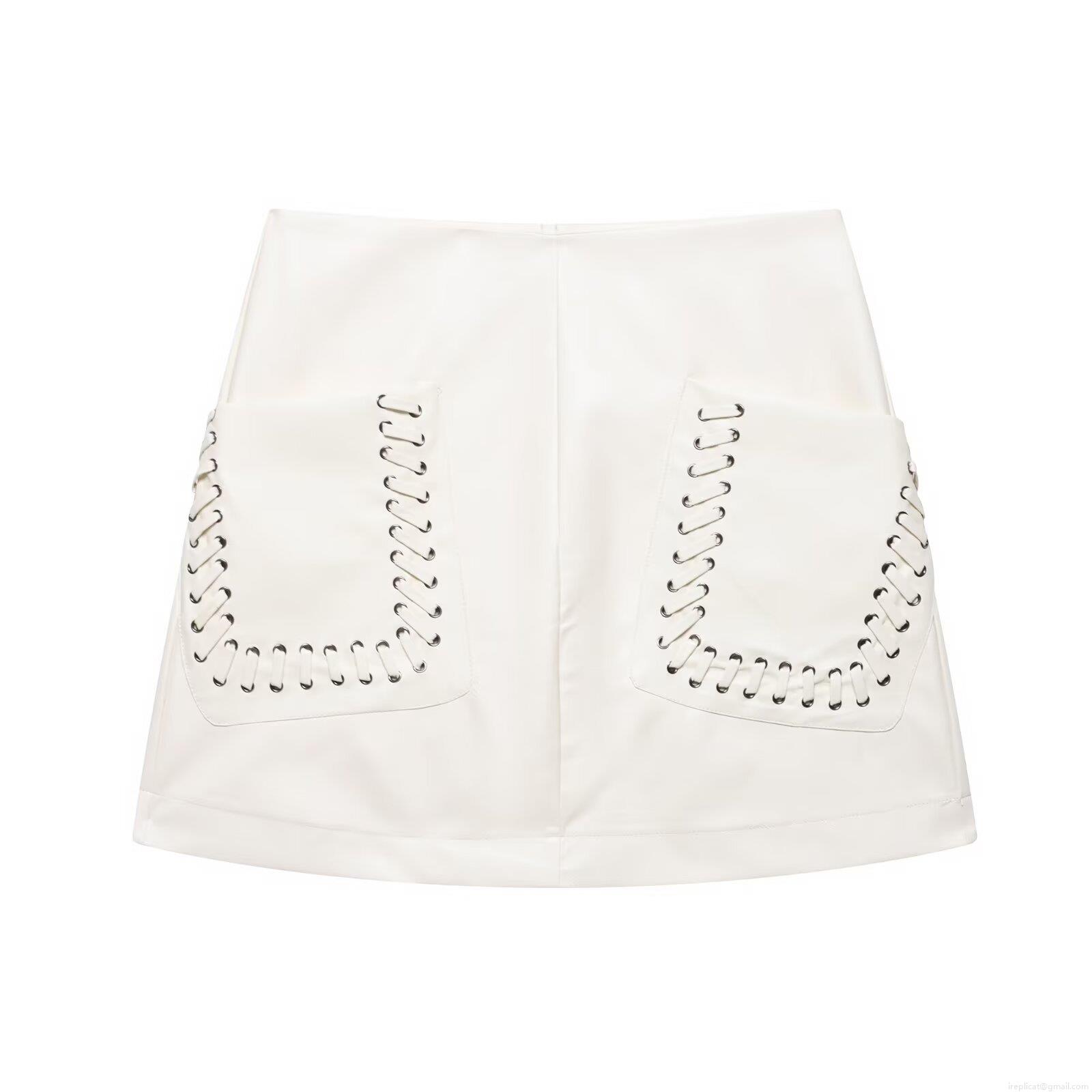 White Mini Skirt Sexy High Waisted Faux Leather Coated Polyester Skirt For Women With Lace Up Eyelet Pockets Slim Fit Bodycon Clubwear Party Street Style Short Skirt