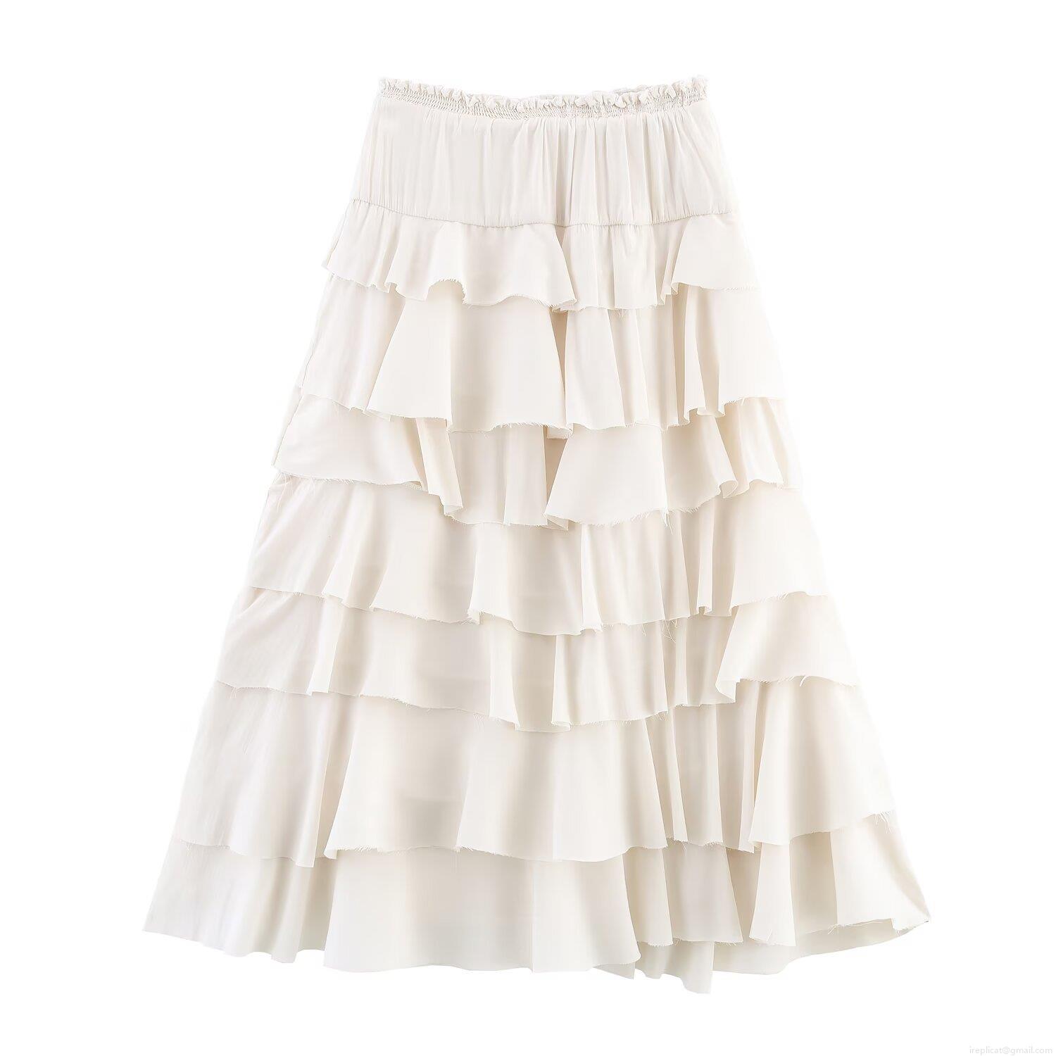 Women's High Waist Tiered Ruffle Midi Skirt Elastic Waist Layered Chiffon Cake Skirt Solid Off White Flowy A-Line Skirt For Summer Beach Date Casual Party Sexy Chic Bottoms