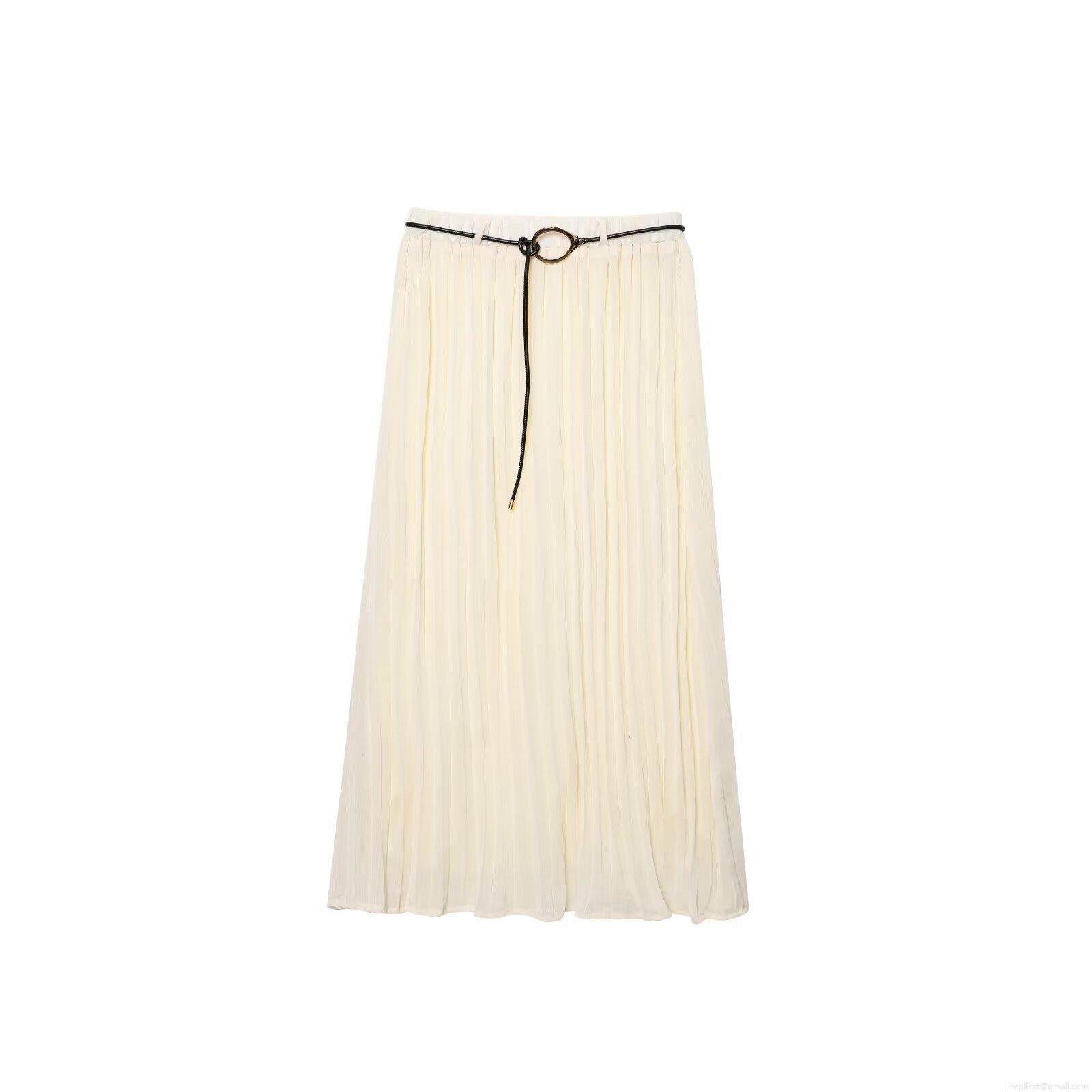 Women's Pleated Midi Skirt With Belt High Waist Solid Color Elegant Flowy Chiffon Long Skirt For Casual Daily Work Streetwear Ins Style